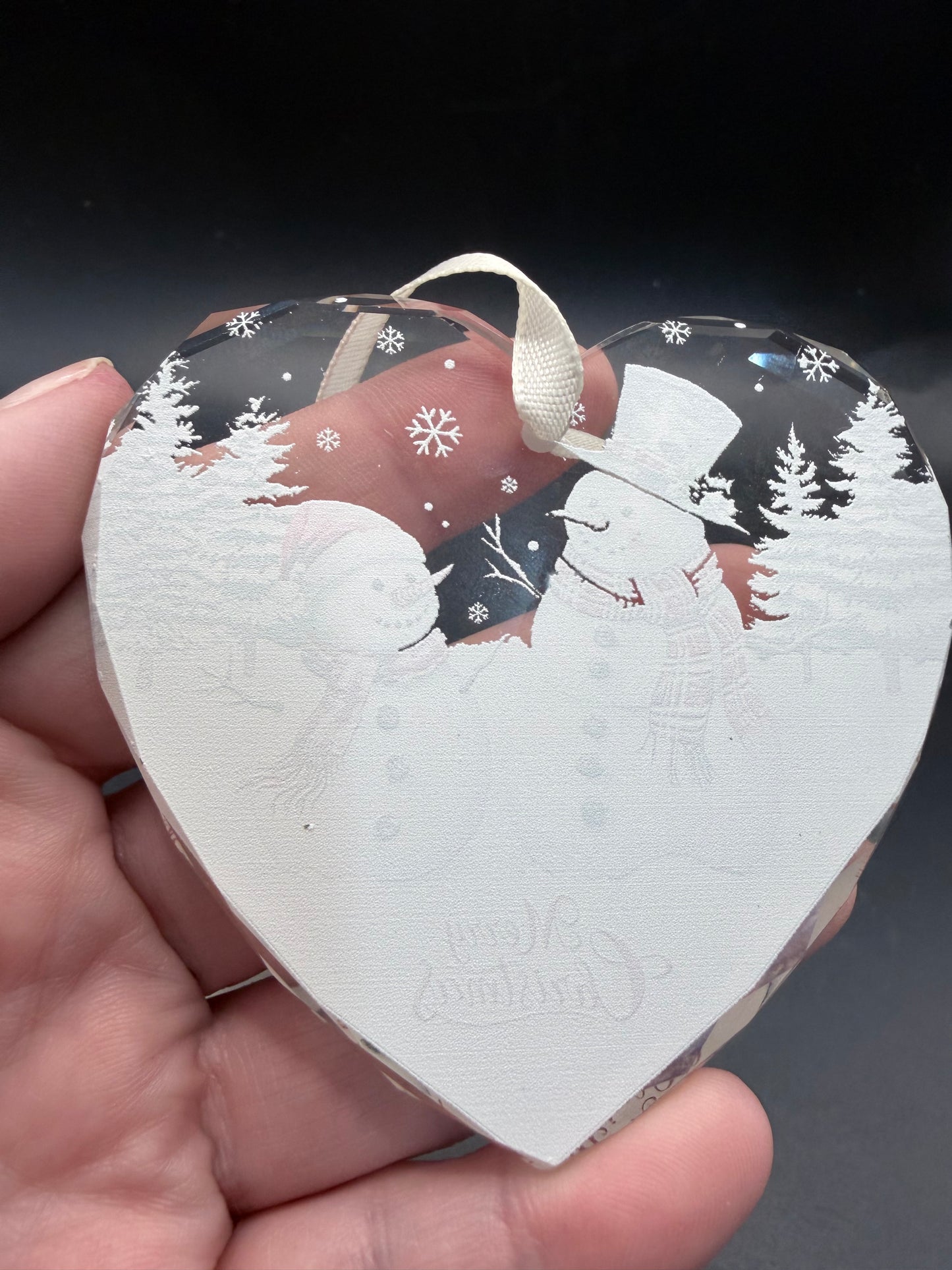 Glass Heart Ornament – Snowman Christmas Scene