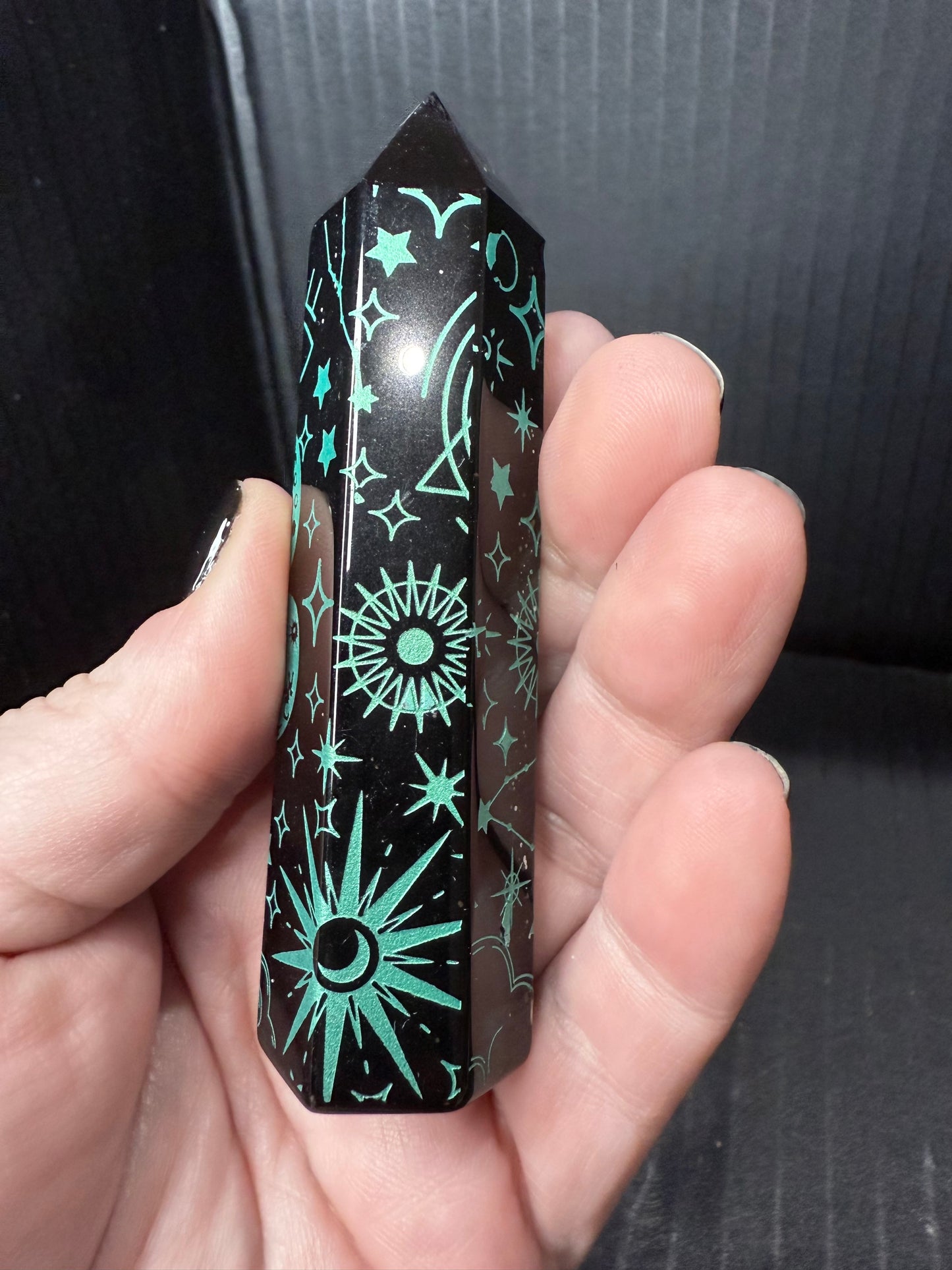 Black Obsidian Point with Green Pattern 10cm