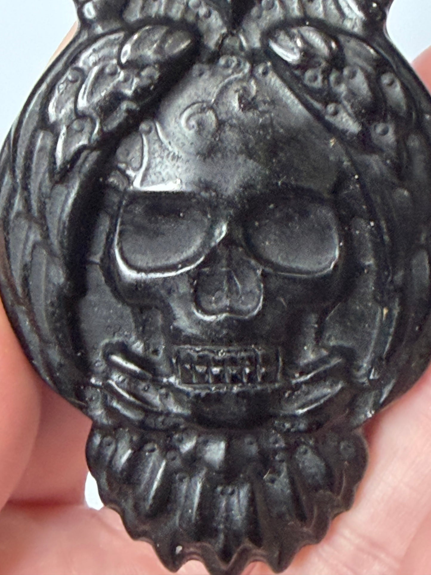 Black Obsidian Owl & Skull Carving with Acrylic Stand – 8cm