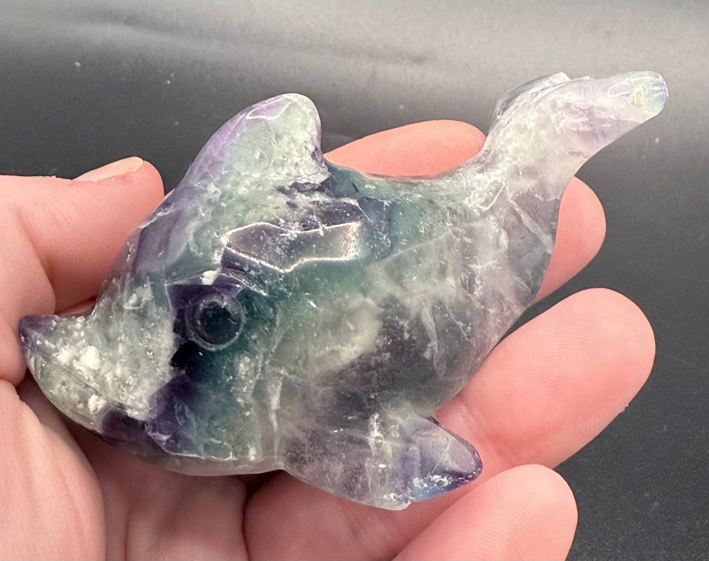 Rainbow Fluorite Dolphin Carving ā 172g | 8.6 x 4.7cm