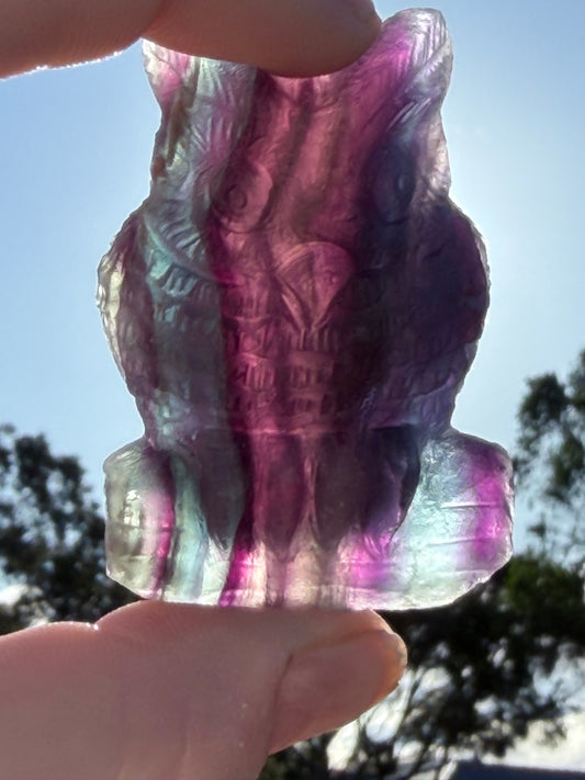 Rare Blue Banding Rainbow Fluorite Owl Carving – 5.1cm