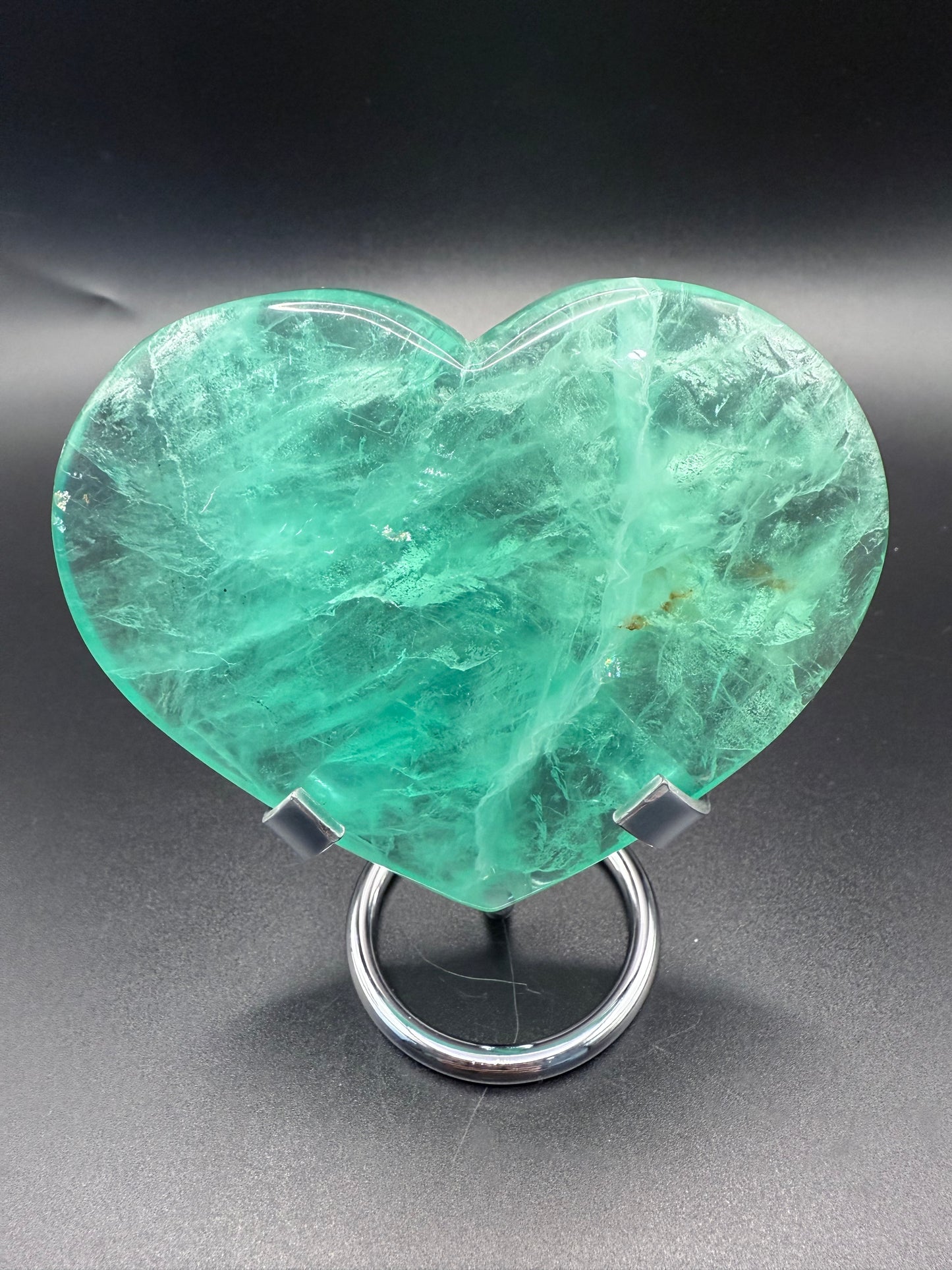 π Green Fluorite Polished Heart with Stand β 357g 10.2 x 8.8 cm