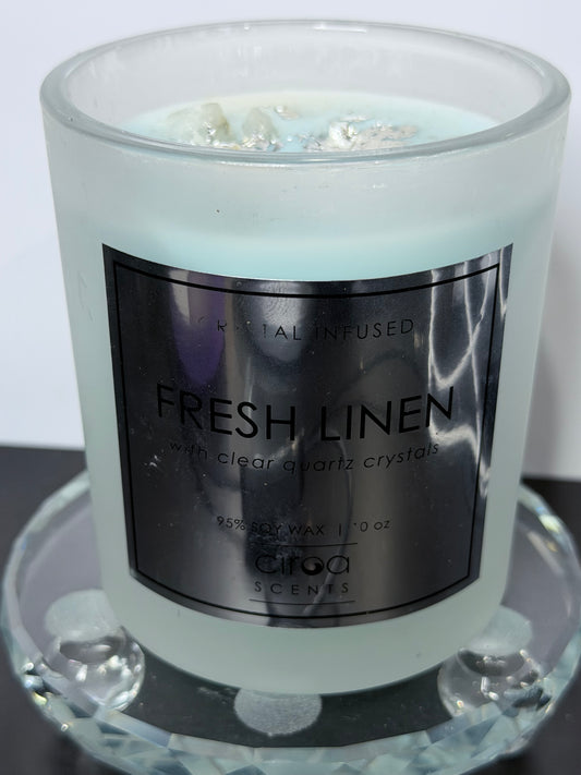 Crystal Infused Fresh Linen Soy Candle with Clear Quartz Crystals | 283g