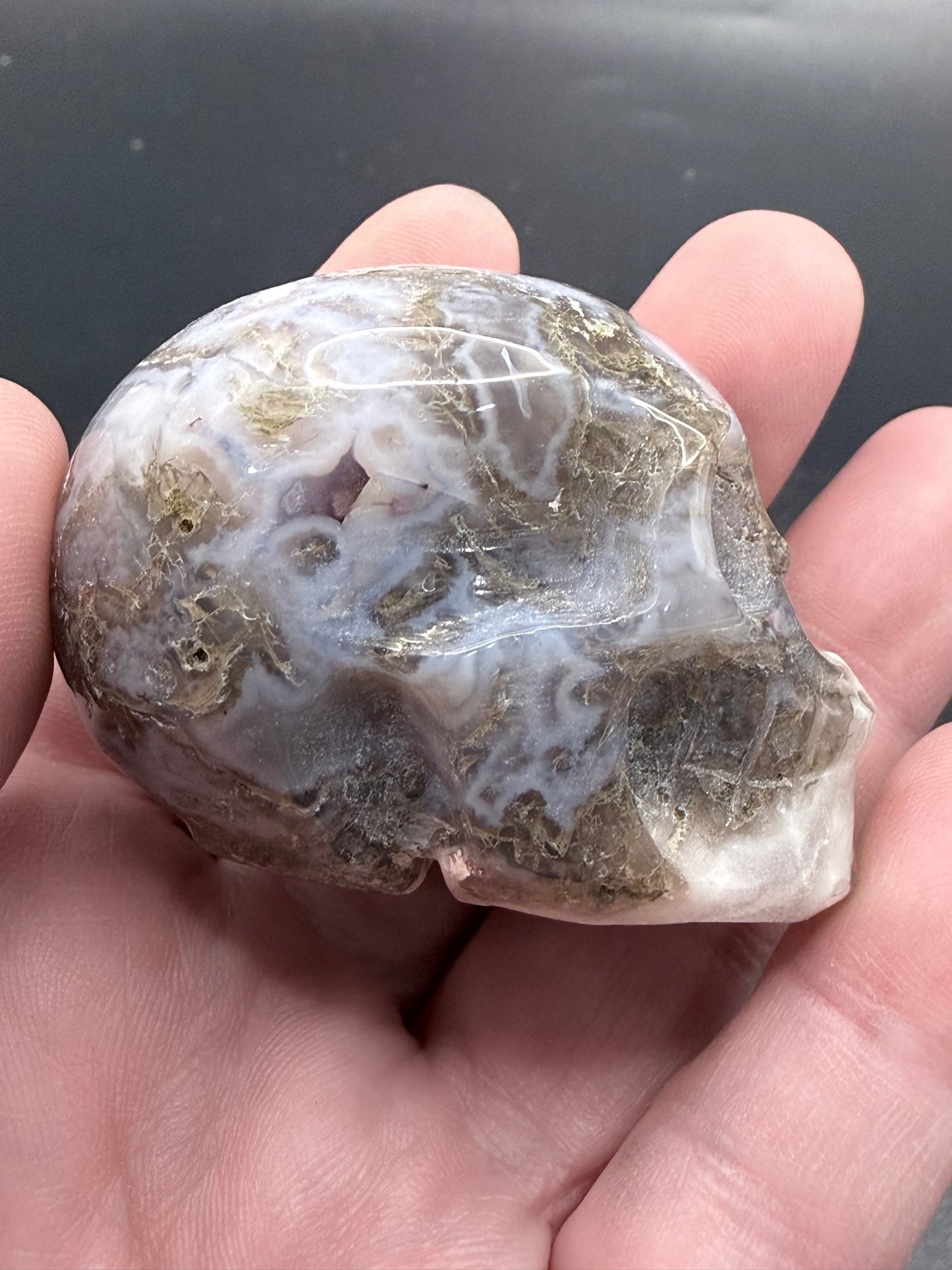 Moss Agate Skull Carving – 120g | 5.5 × 5cm