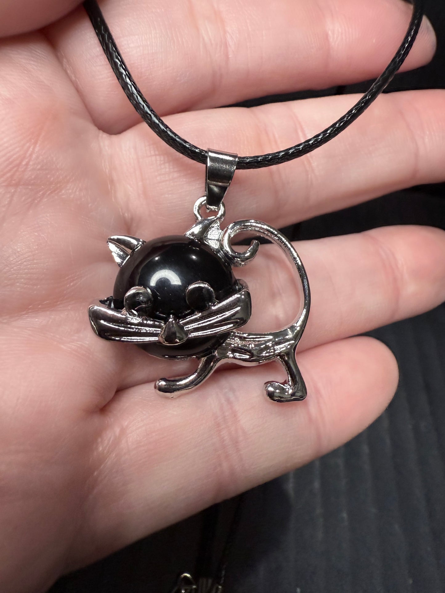 Cat pendant on Black Rope Necklace Chain