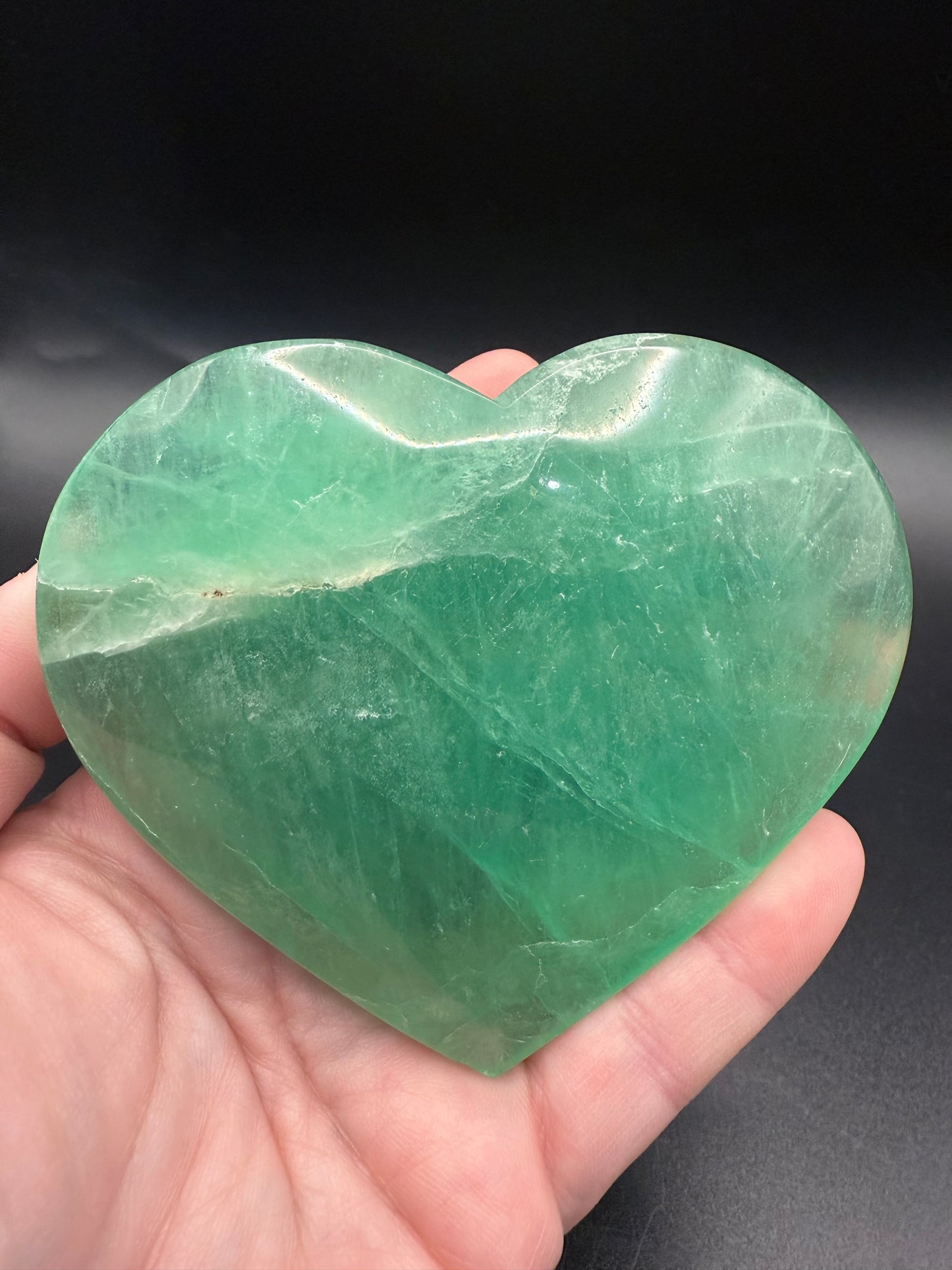 Green Fluorite Polished Heart with Stand ā 388g 10.2 x 8.8