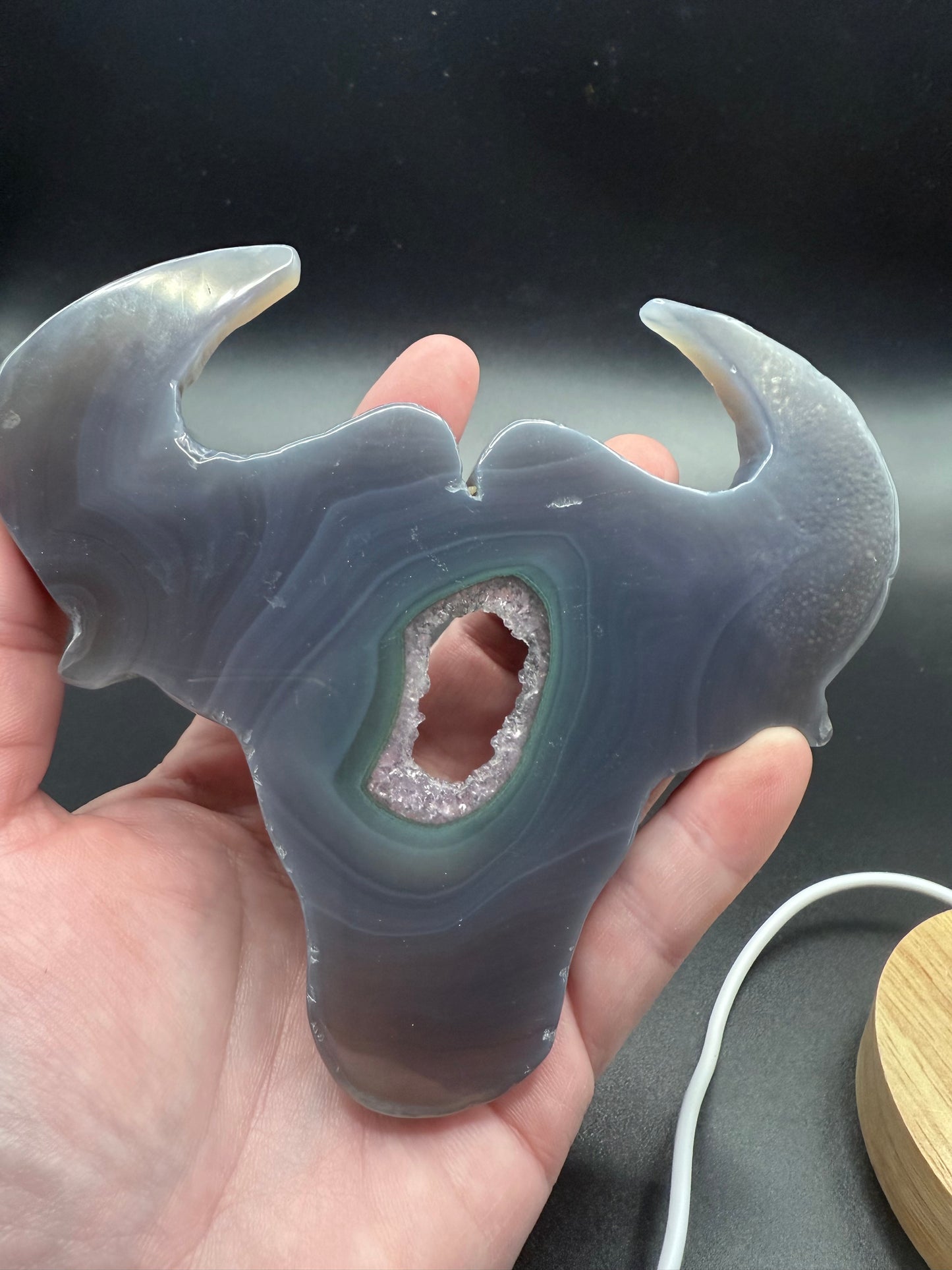 Agate with Green Druzy Bull Skull With Light Stand