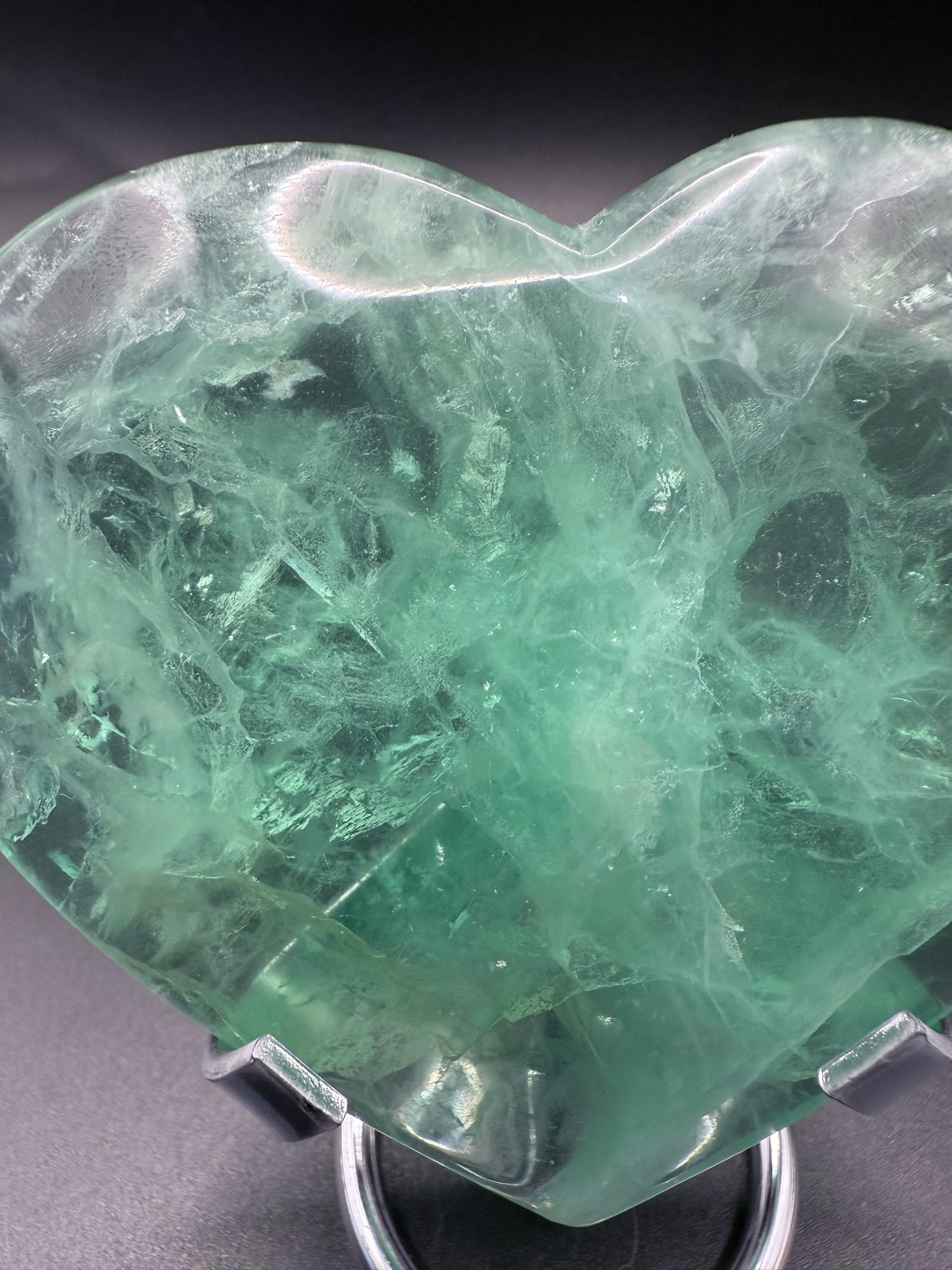 Green Fluorite Polished Heart with Stand β 310g 10 x 8.6 cm