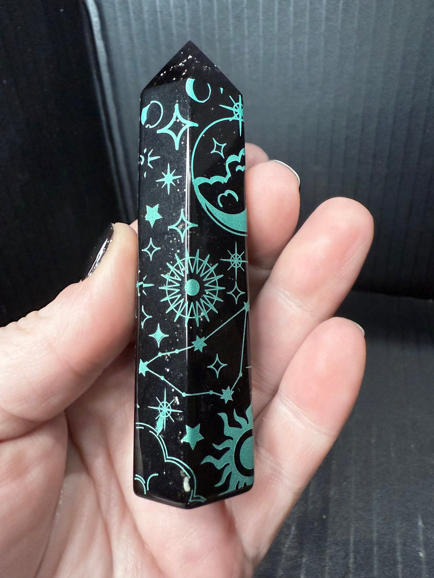 Black Obsidian Point with Green Pattern 10cm