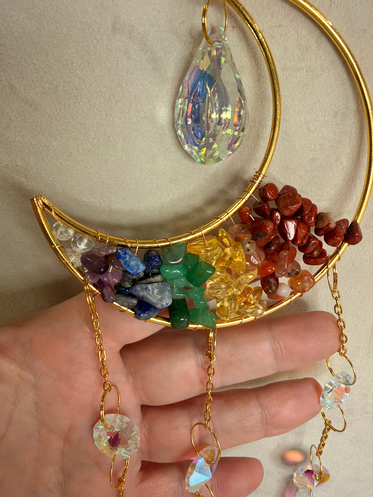 7 Chakra Crescent Moon Suncatcher – 35 × 10cm