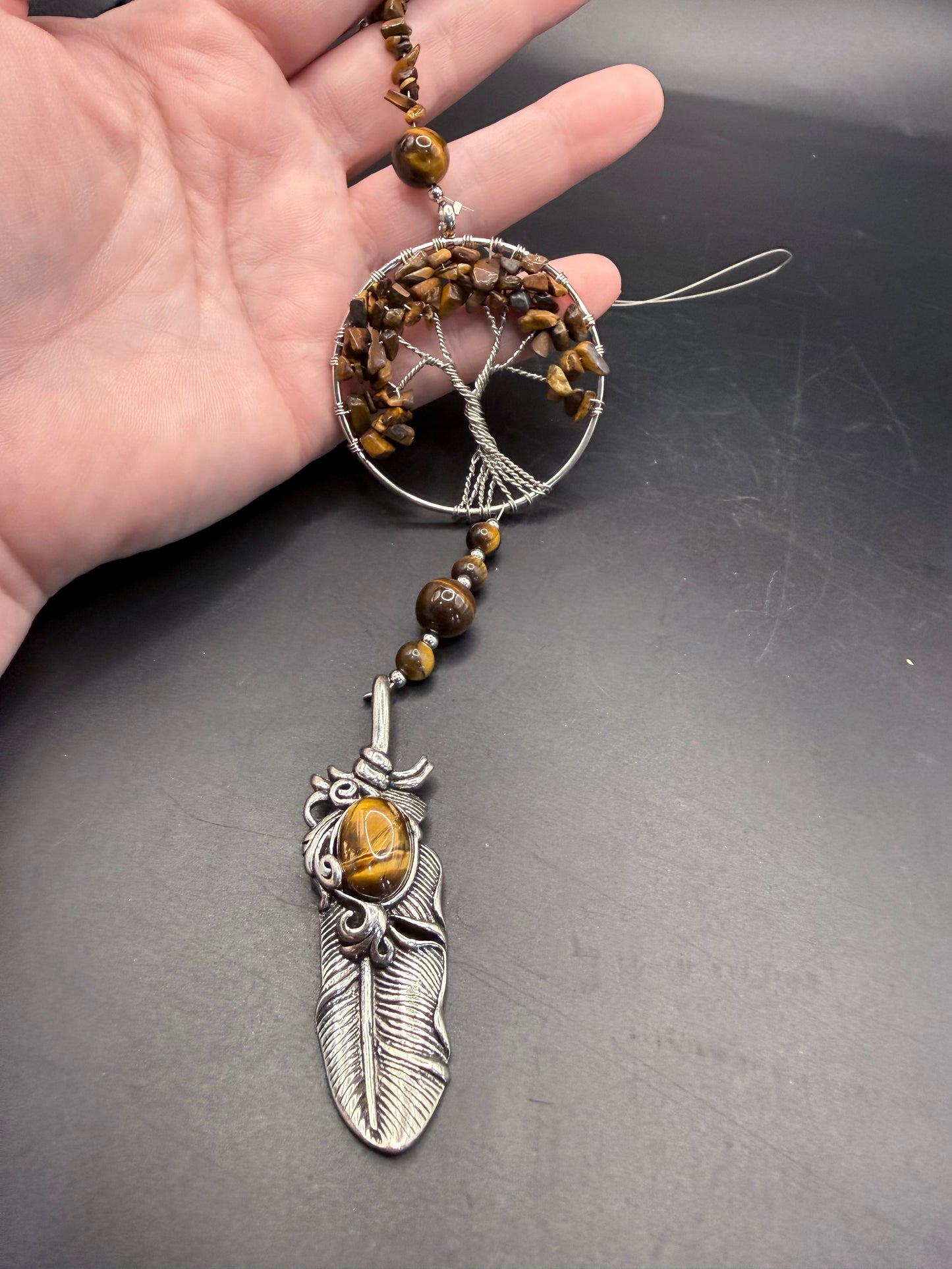 Tiger’s Eye Tree of Life with Feather Hanging Crystal