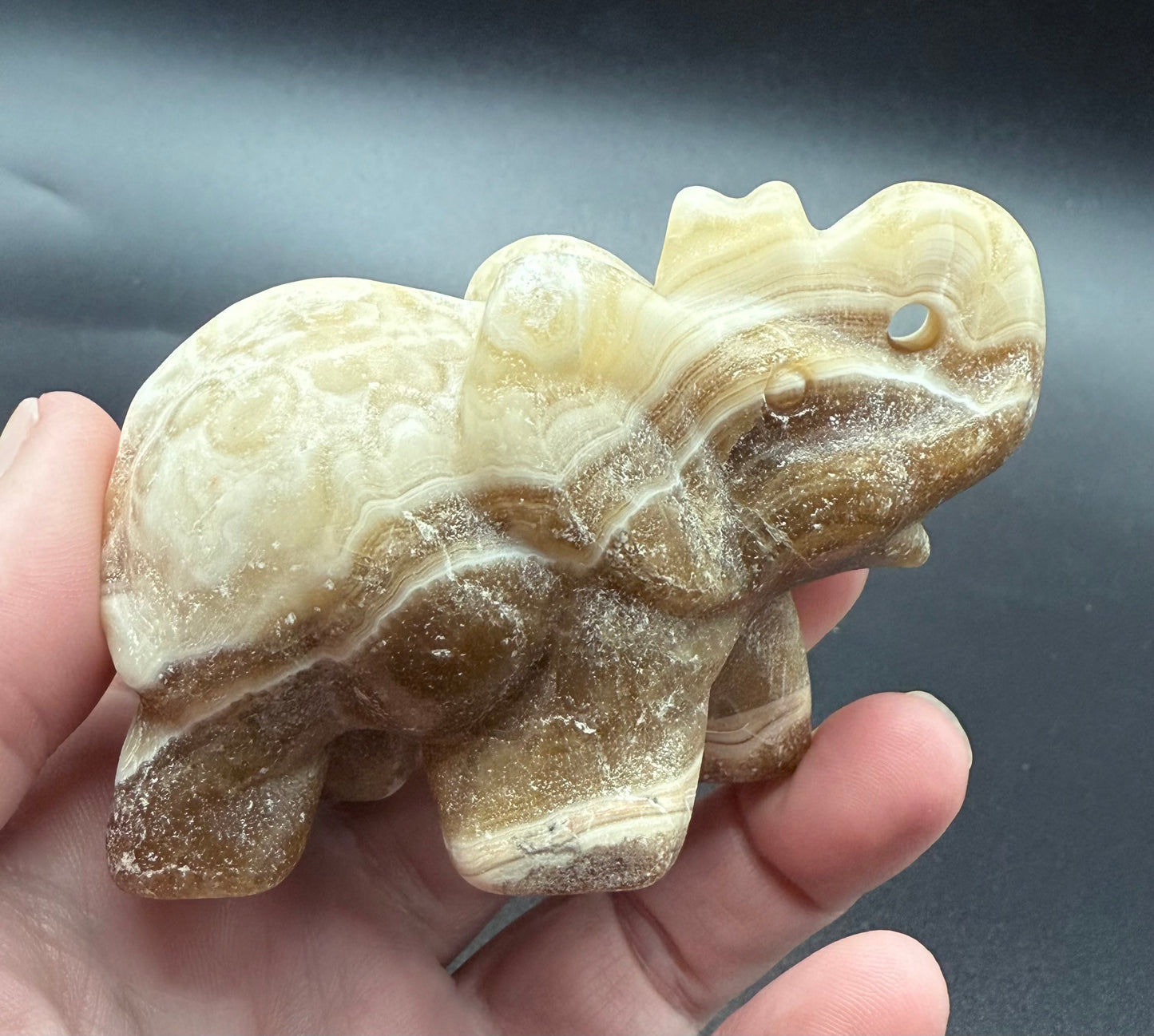 Chocolate Banded Calcite Elephant Carving