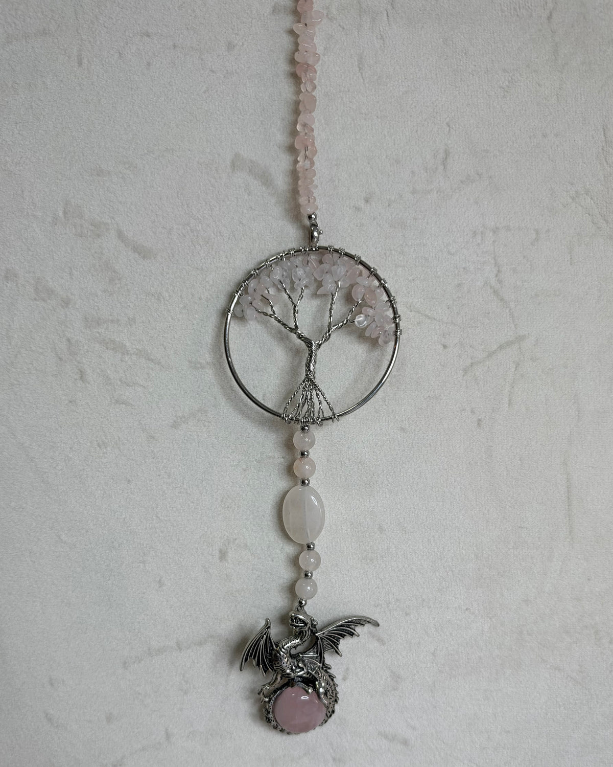 Rose Quartz Tree of Life & Dragon Wall Hanging – 30cm