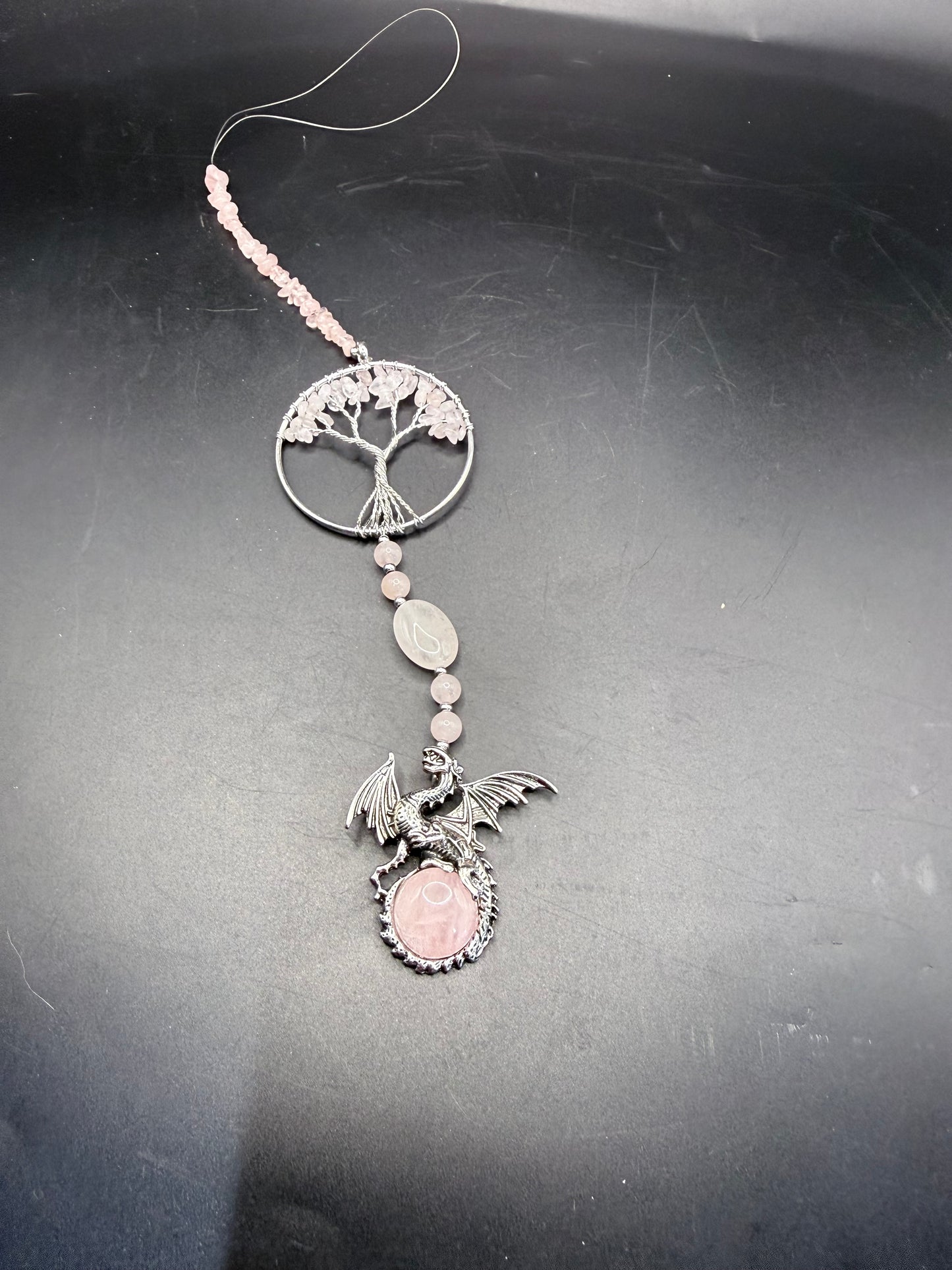 Rose Quartz Tree of Life with Dragon Hanging
