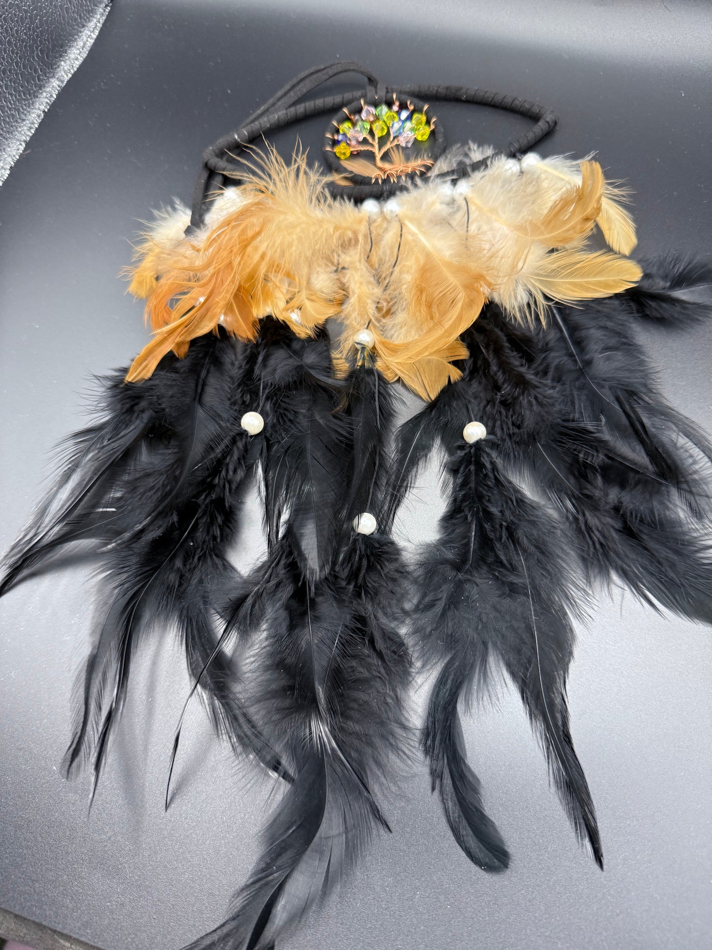 Tree of Life Dreamcatcher with Golden & Black Feathers β 37cm