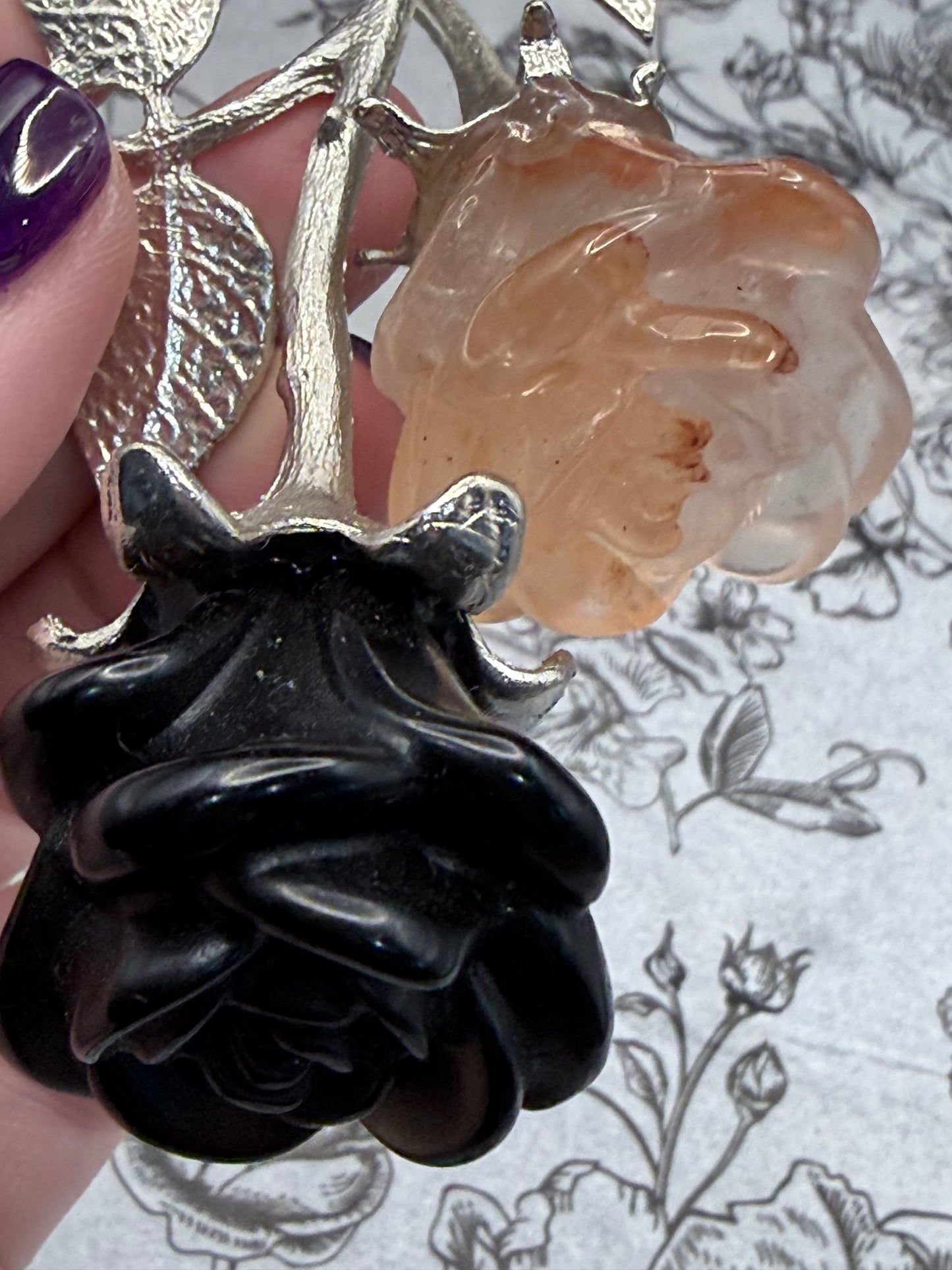 Black Obsidian & Fire Quartz Crystal Double Rose Stem (20cm)