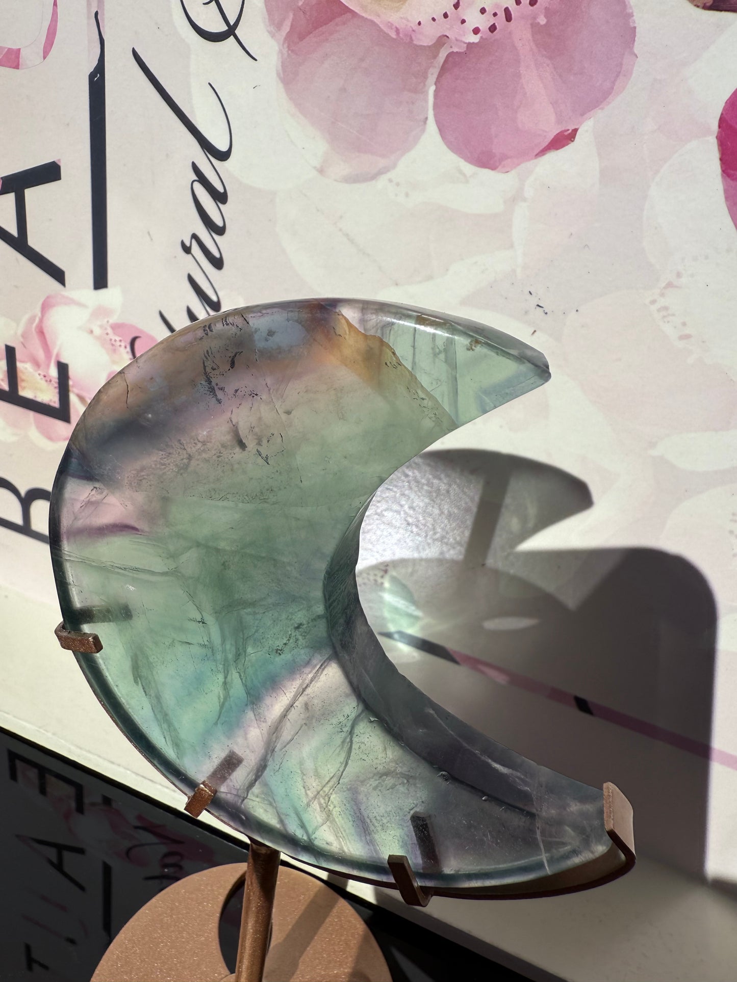 Fluorite Moon on Gold Stand