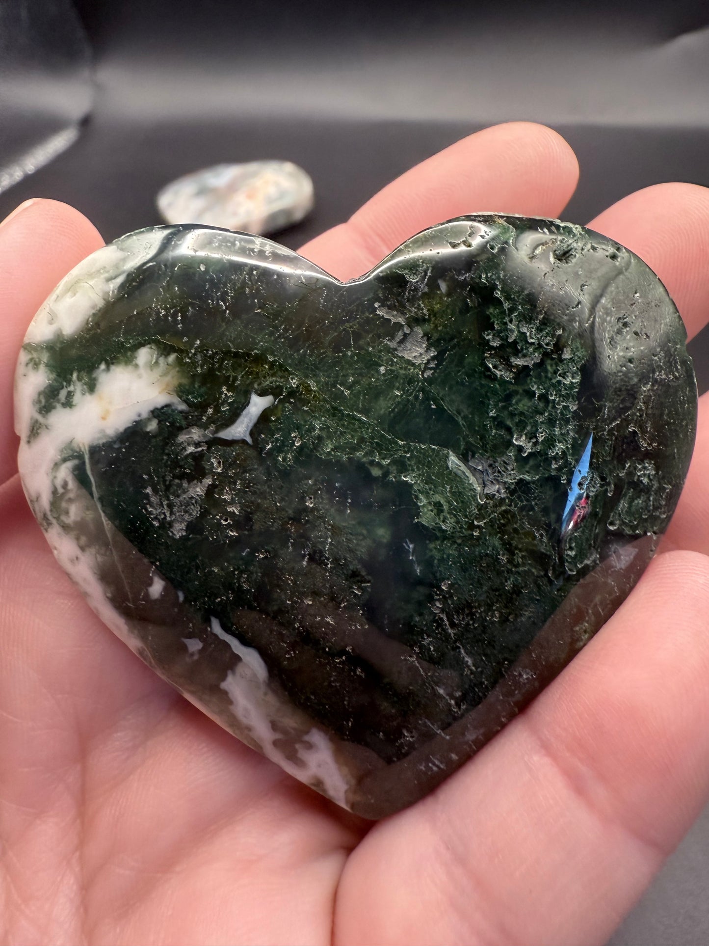 Moss Agate 6cm Free Standing Heart