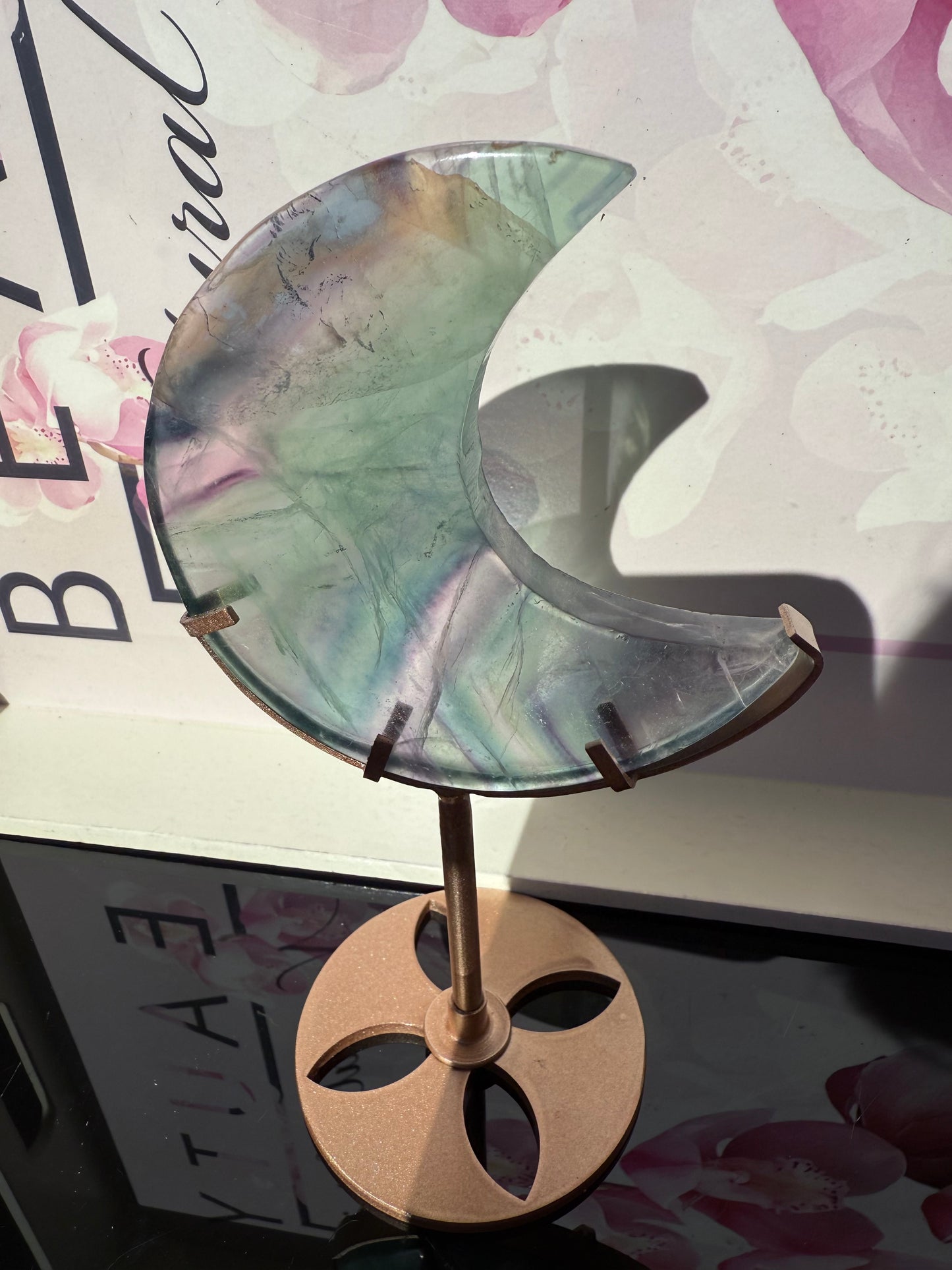 Fluorite Moon on Gold Stand