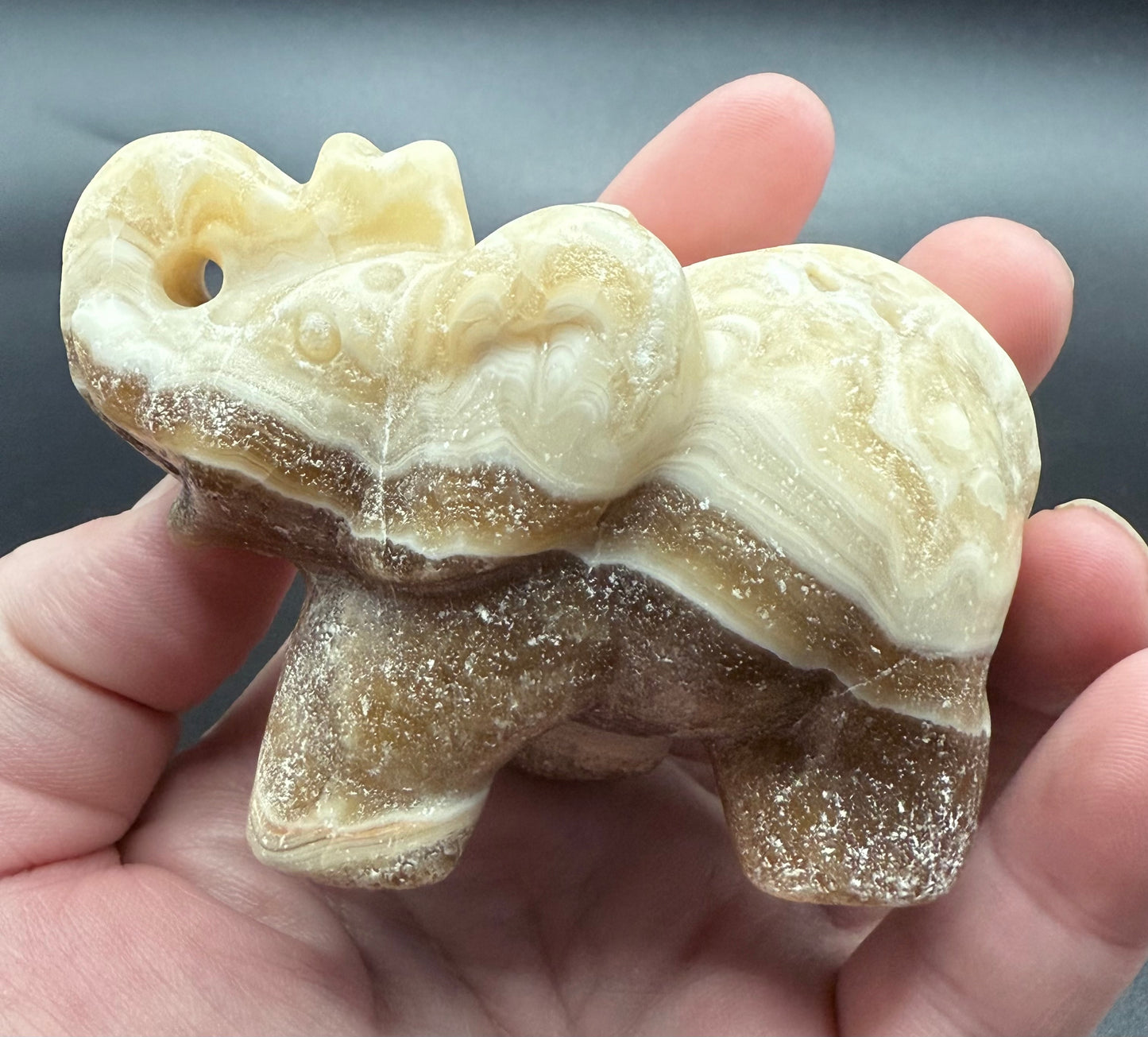Chocolate Banded Calcite Elephant Carving