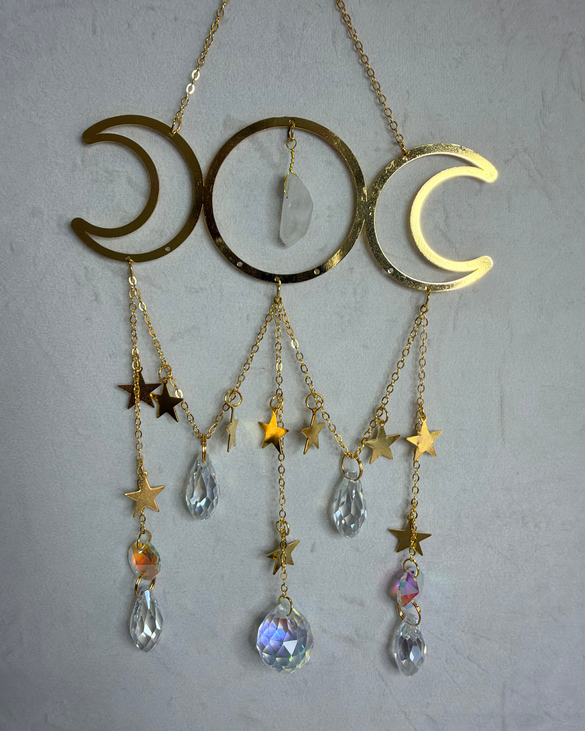 Clear Quartz Triple Moon Suncatcher – 30 × 15cm
