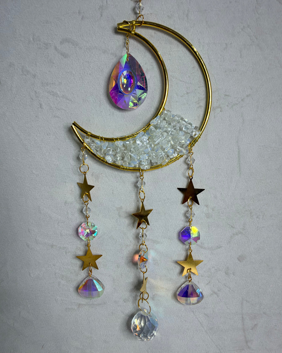 Clear Quartz Crescent Moon & Stars Suncatcher – 35 × 10cm