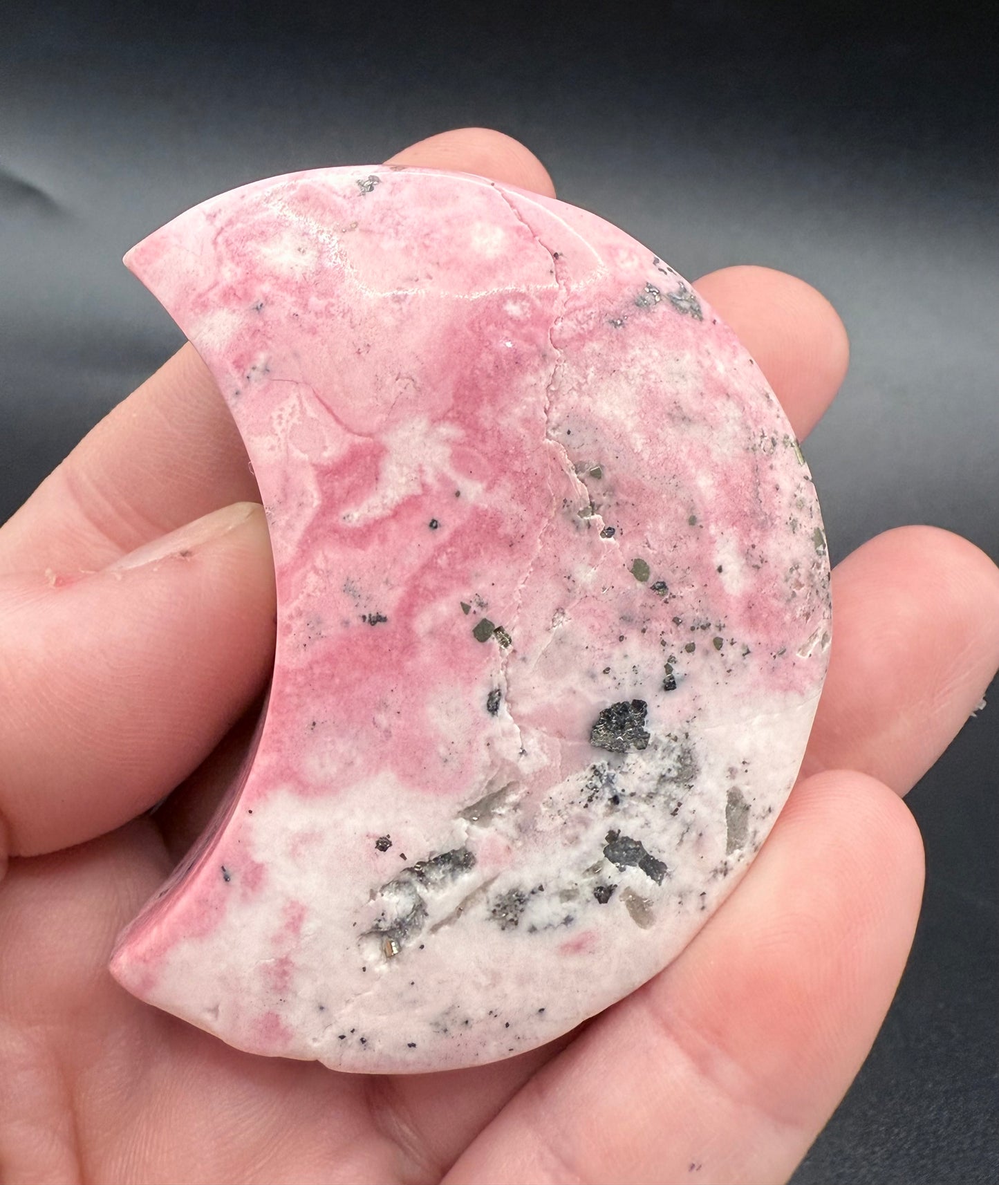 Peruvian Pink Rhodonite Crescent Moon 110g 6.2ร5.8cm