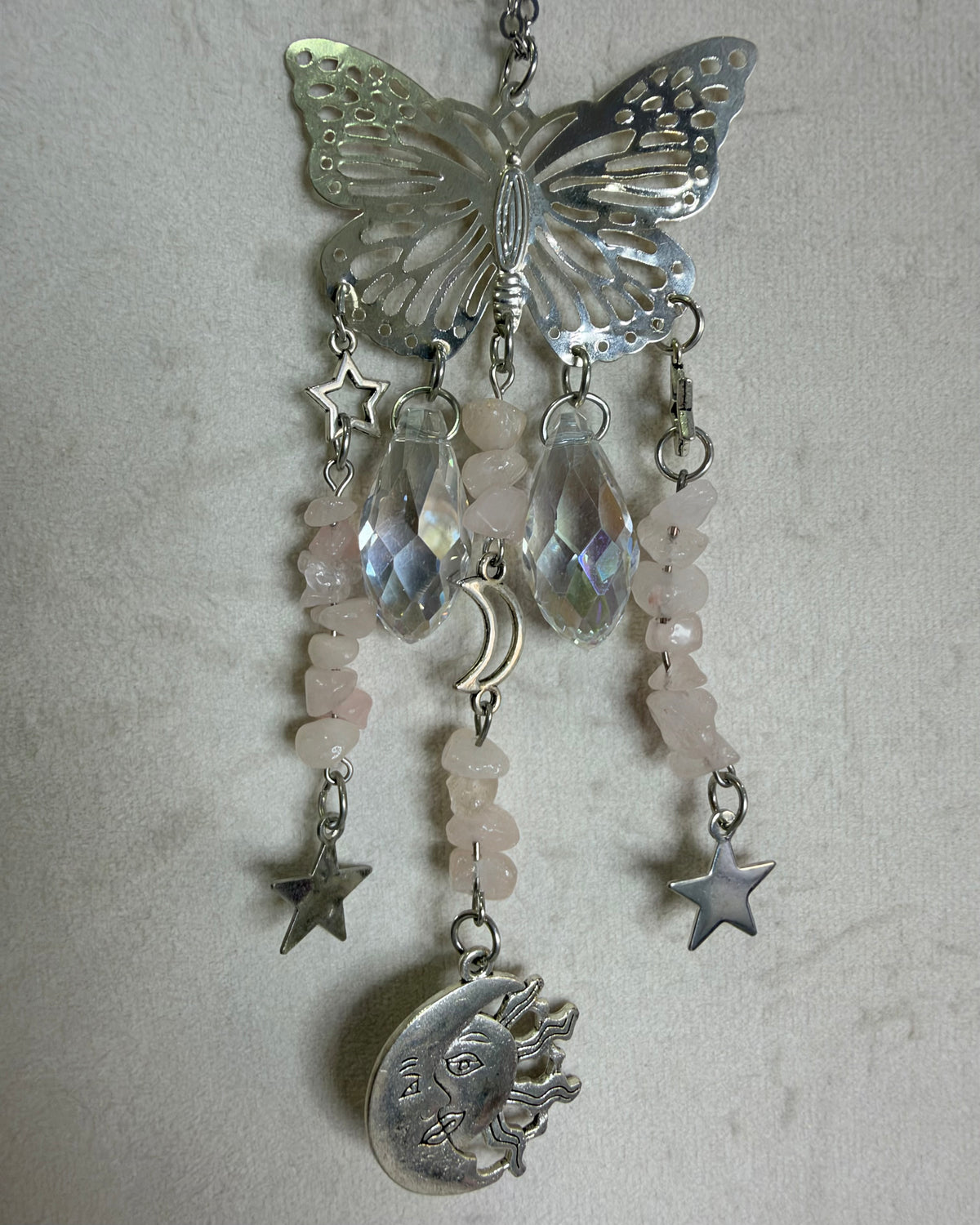 Rose Quartz Butterfly Car Suncatcher – Sun, Moon & Stars