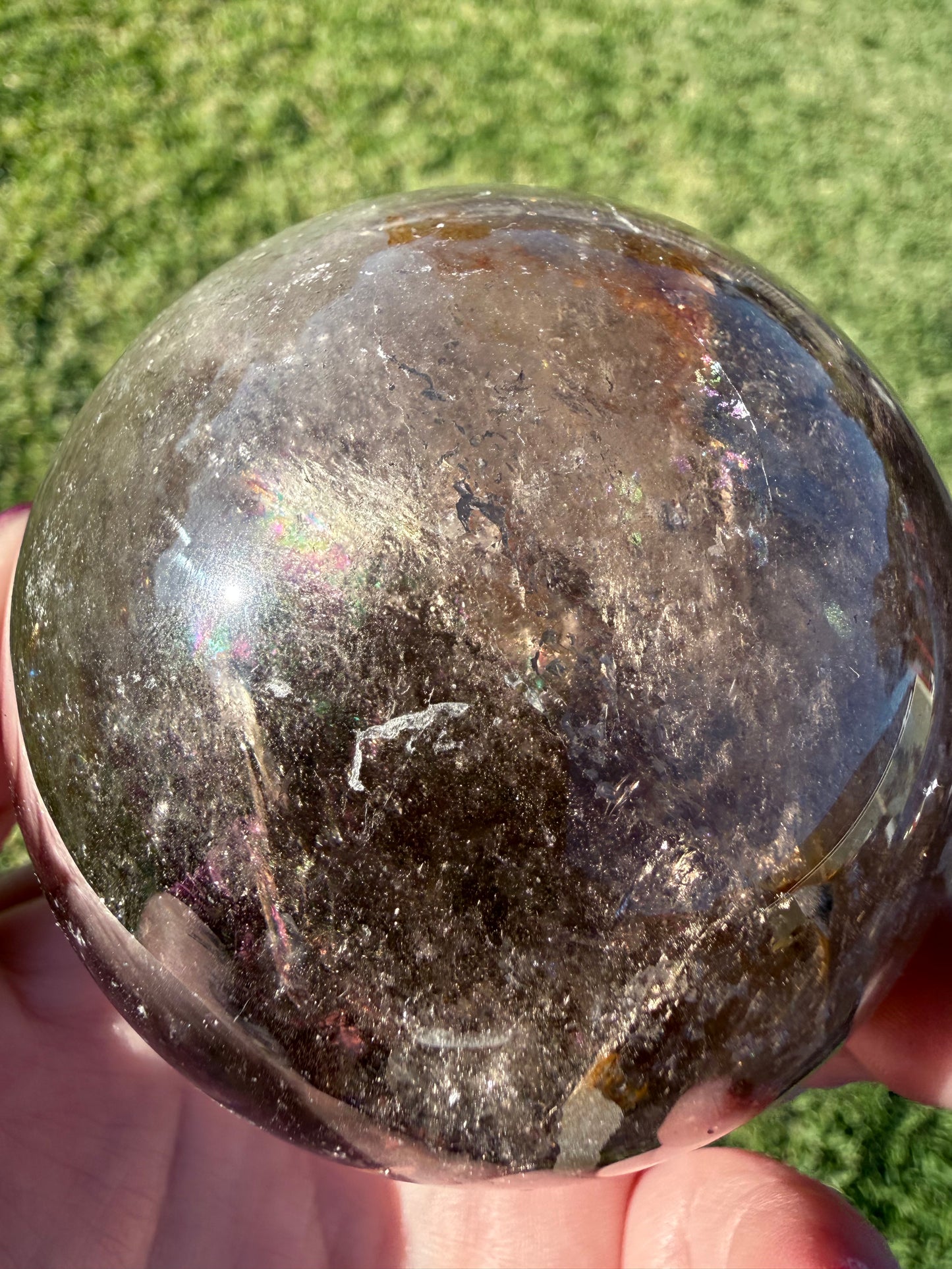 Smoky Quartz Rainbow Sphere with Golden Inclusions