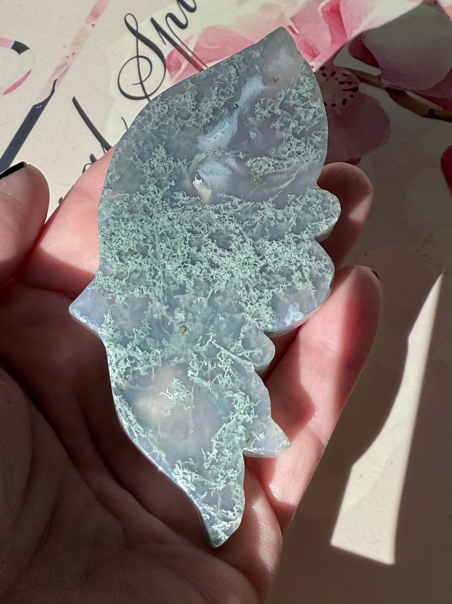 Moss Agate Butterfly On Gold Stand