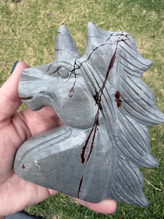 Grey Picture Jasper Unicorn Head Carving