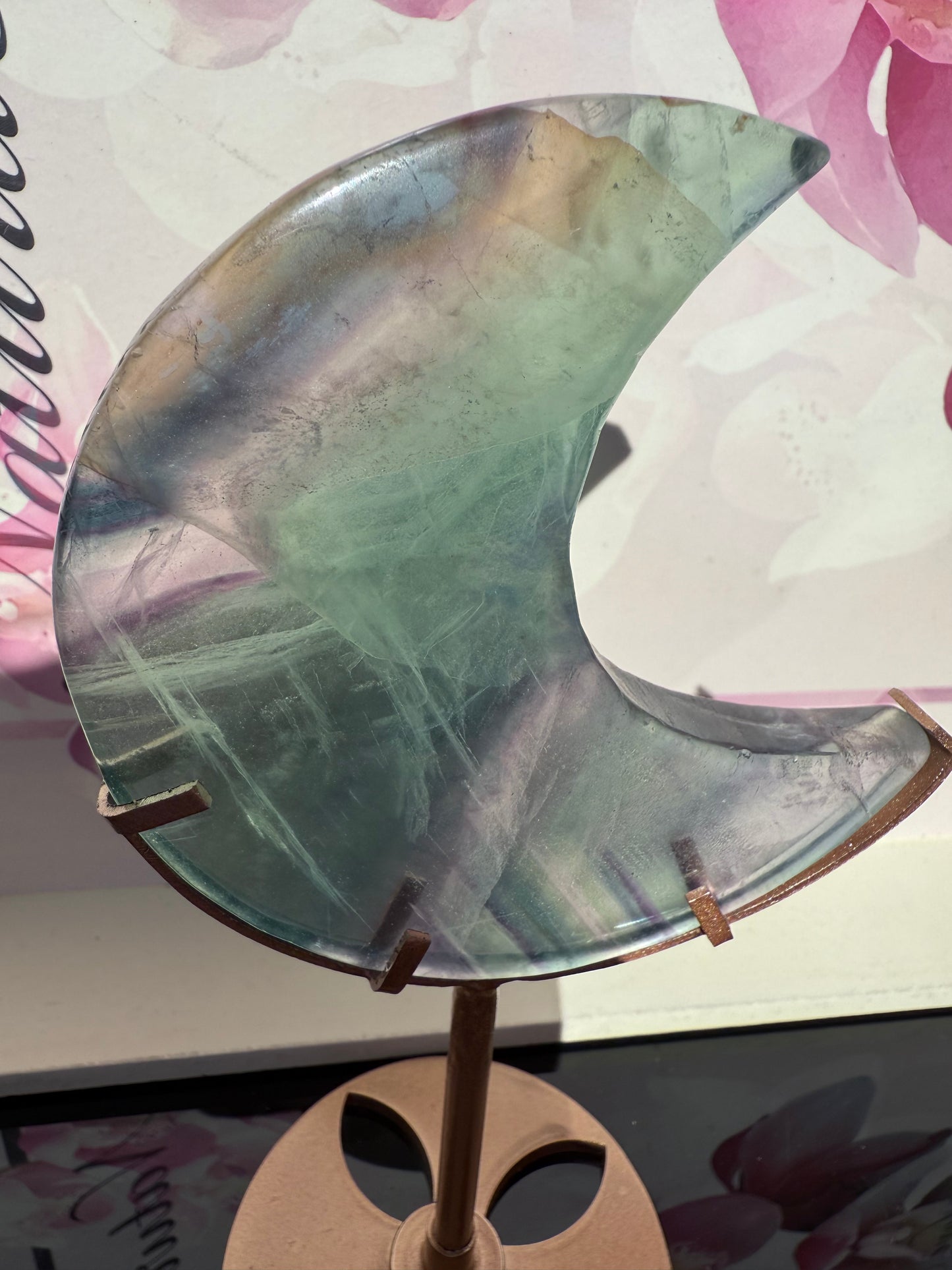 Fluorite Moon on Gold Stand