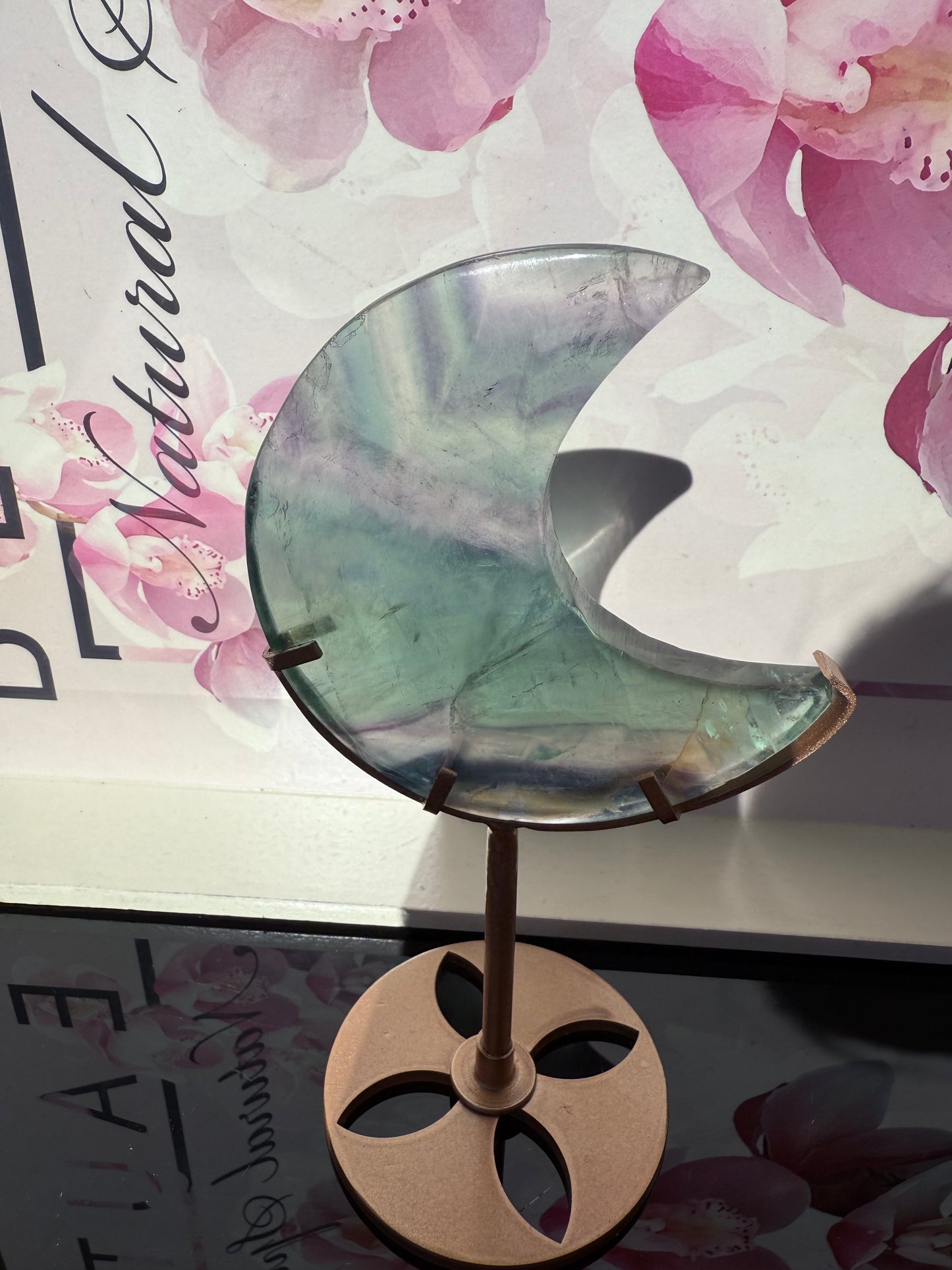 Fluorite Moon on Gold Stand
