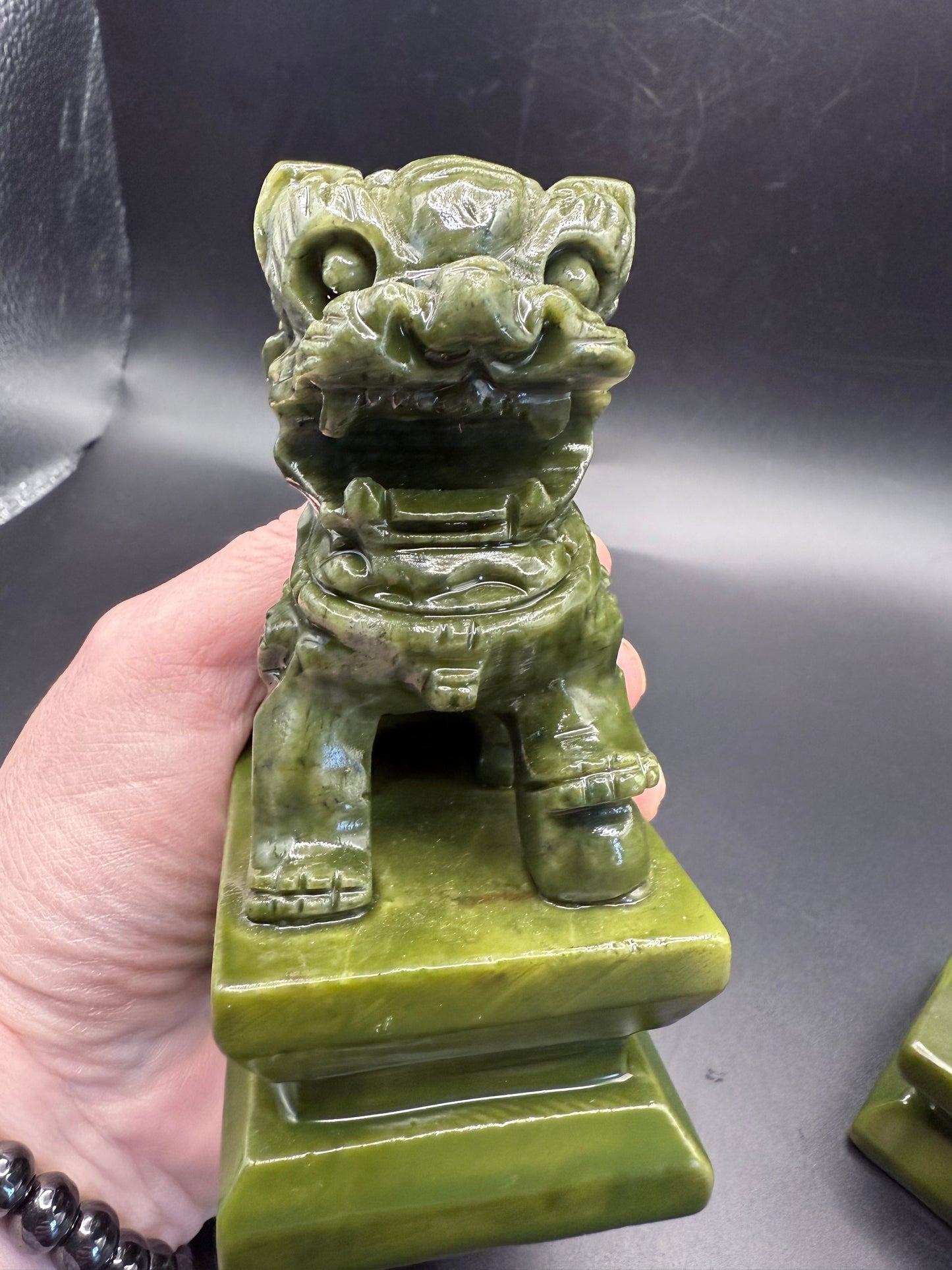Serpentine (Green Jade) Foo Dogs โ Pair