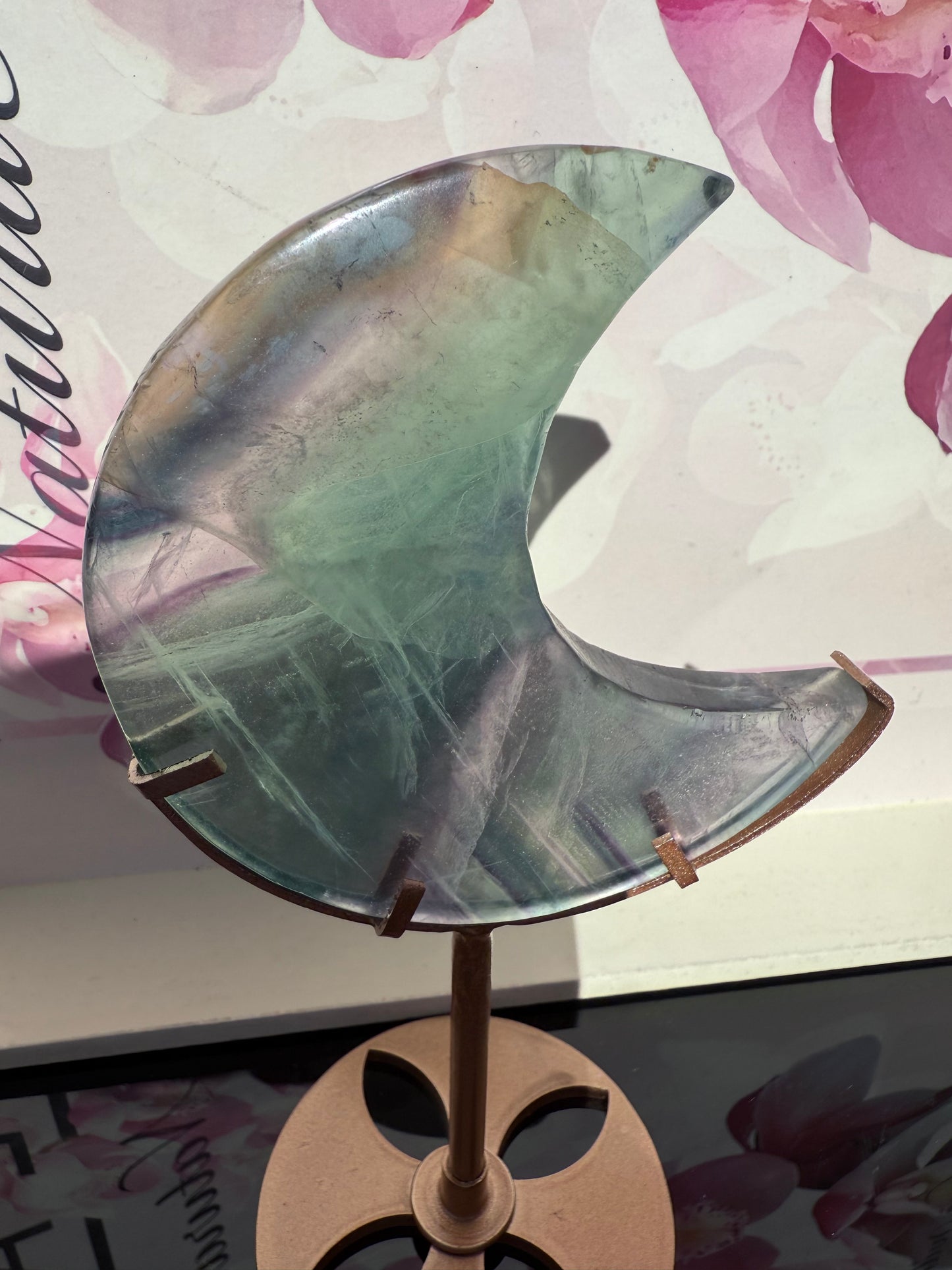 Fluorite Moon on Gold Stand
