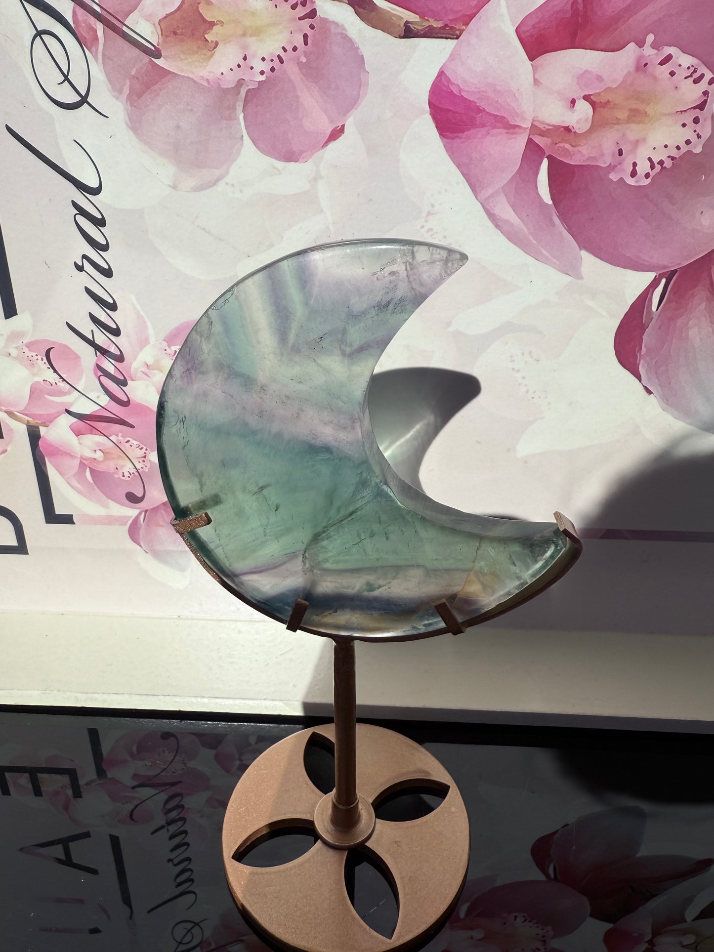 Fluorite Moon on Gold Stand