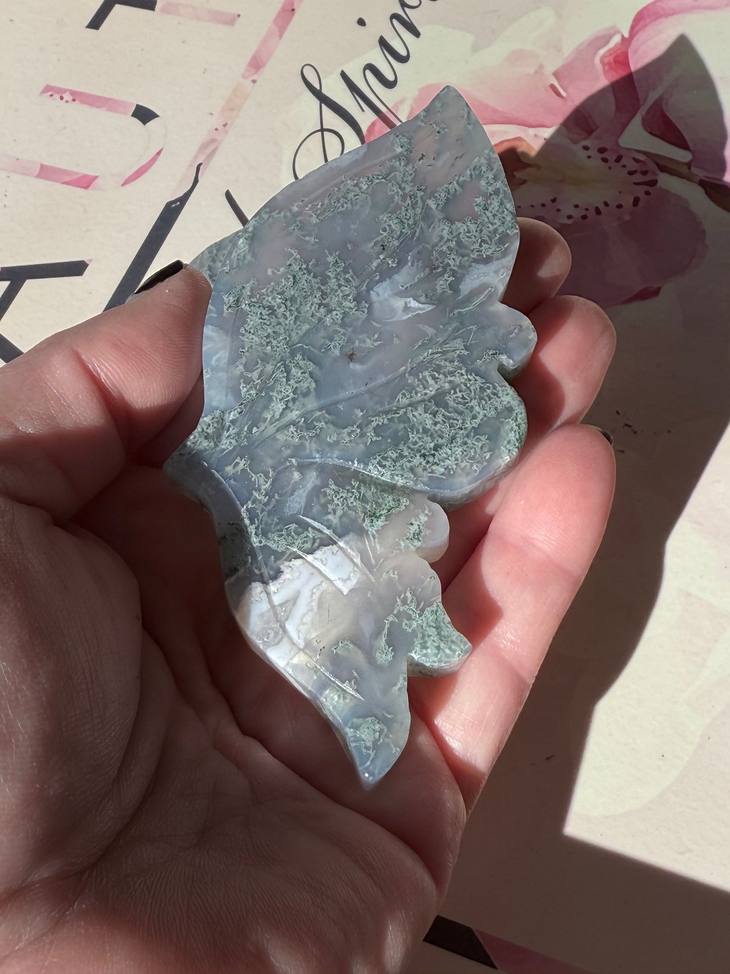 Moss Agate Butterfly On Gold Stand