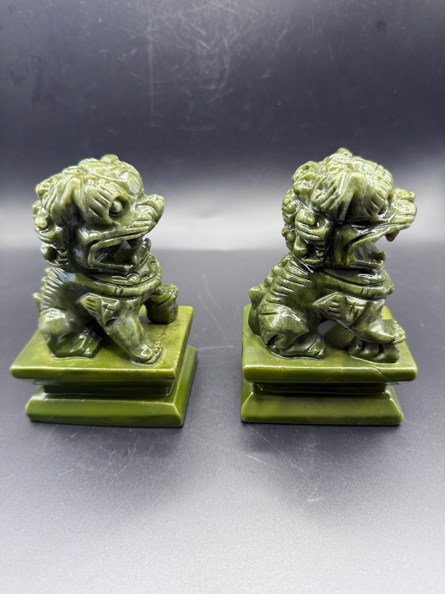 Serpentine (Green Jade) Foo Dogs โ Pair