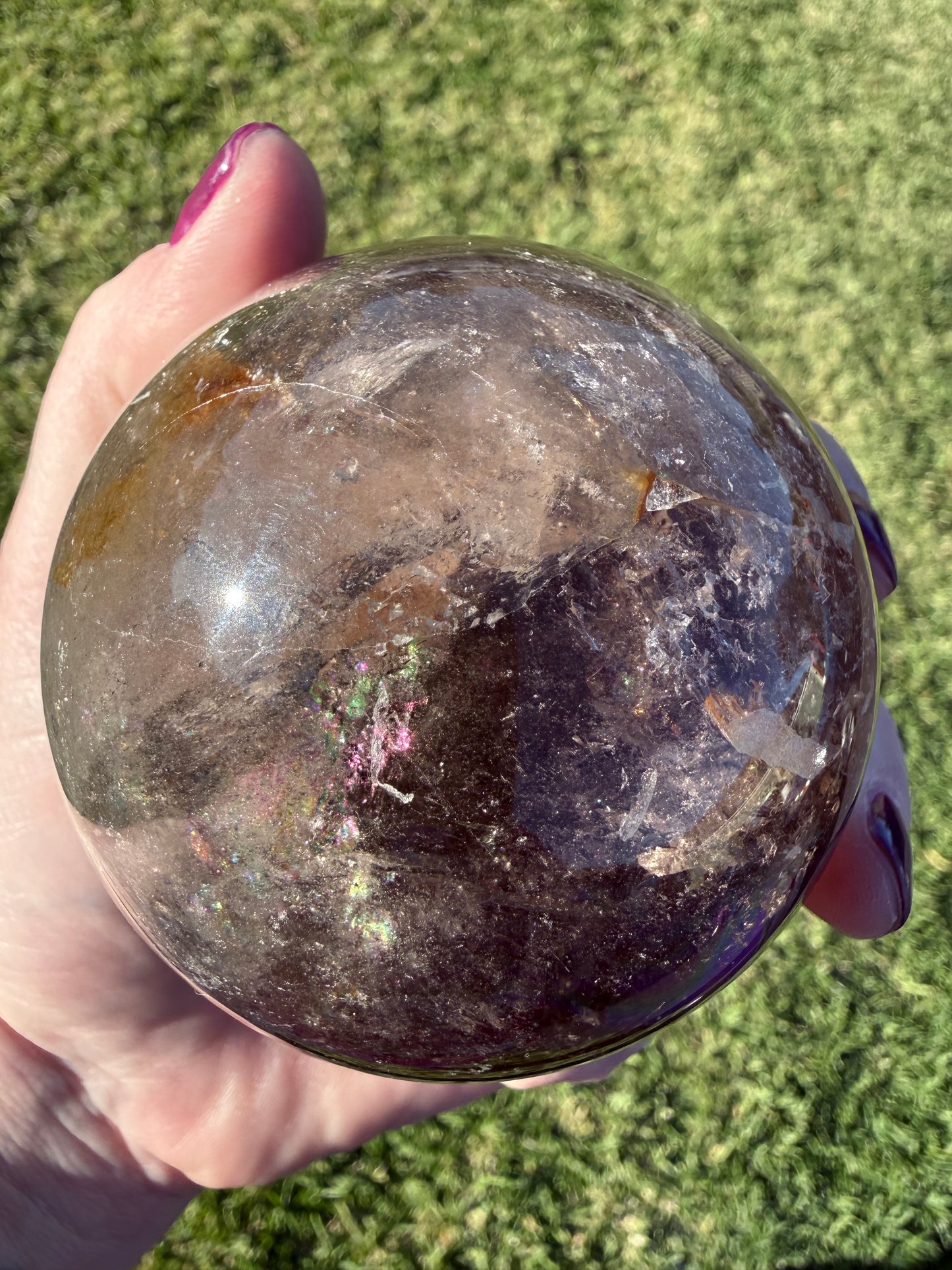 Smoky Quartz Rainbow Sphere with Golden Inclusions
