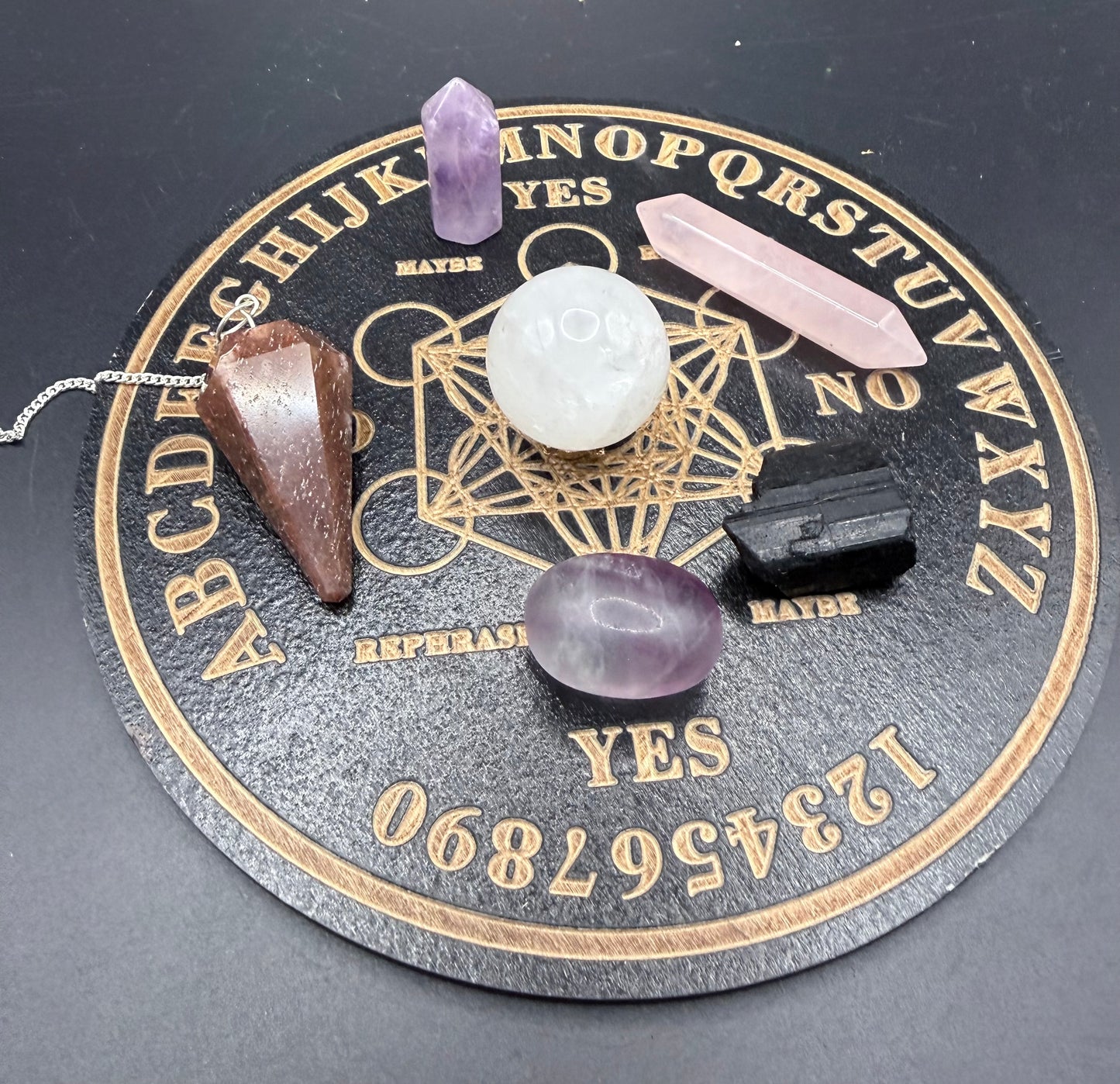 Metatron’s Cube Pendulum Board with Crystal Set