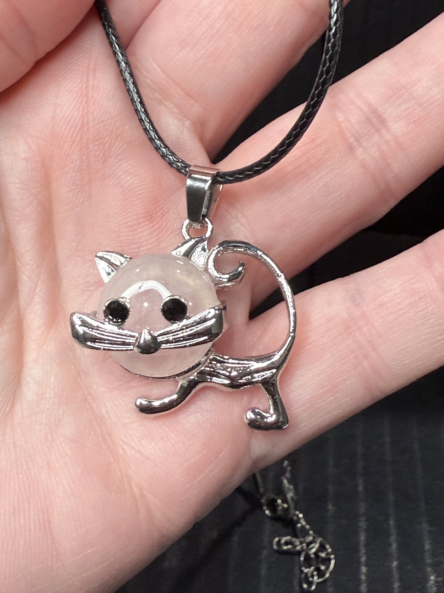 Cat pendant on Black Rope Necklace Chain