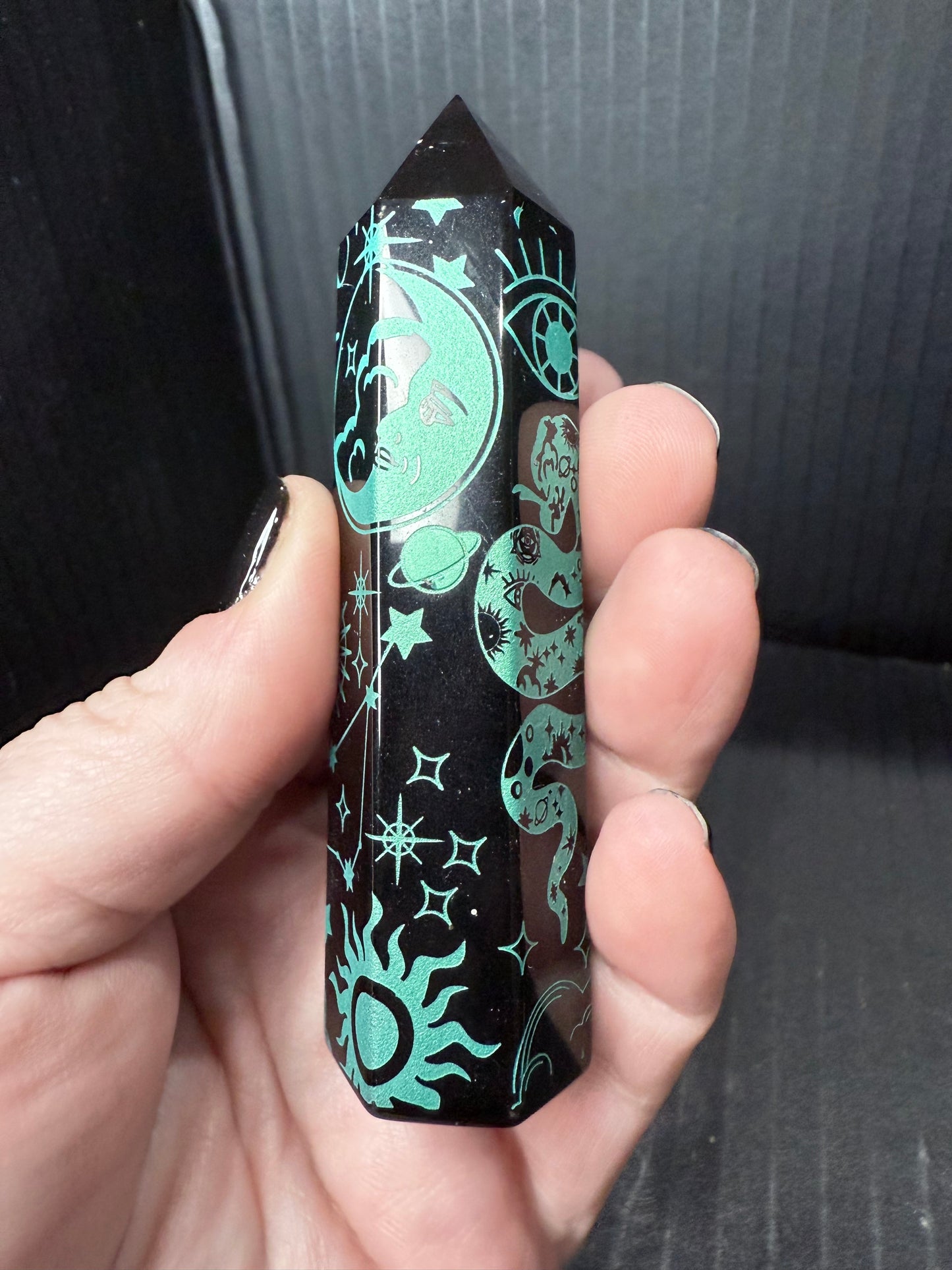 Black Obsidian Point with Green Pattern 10cm