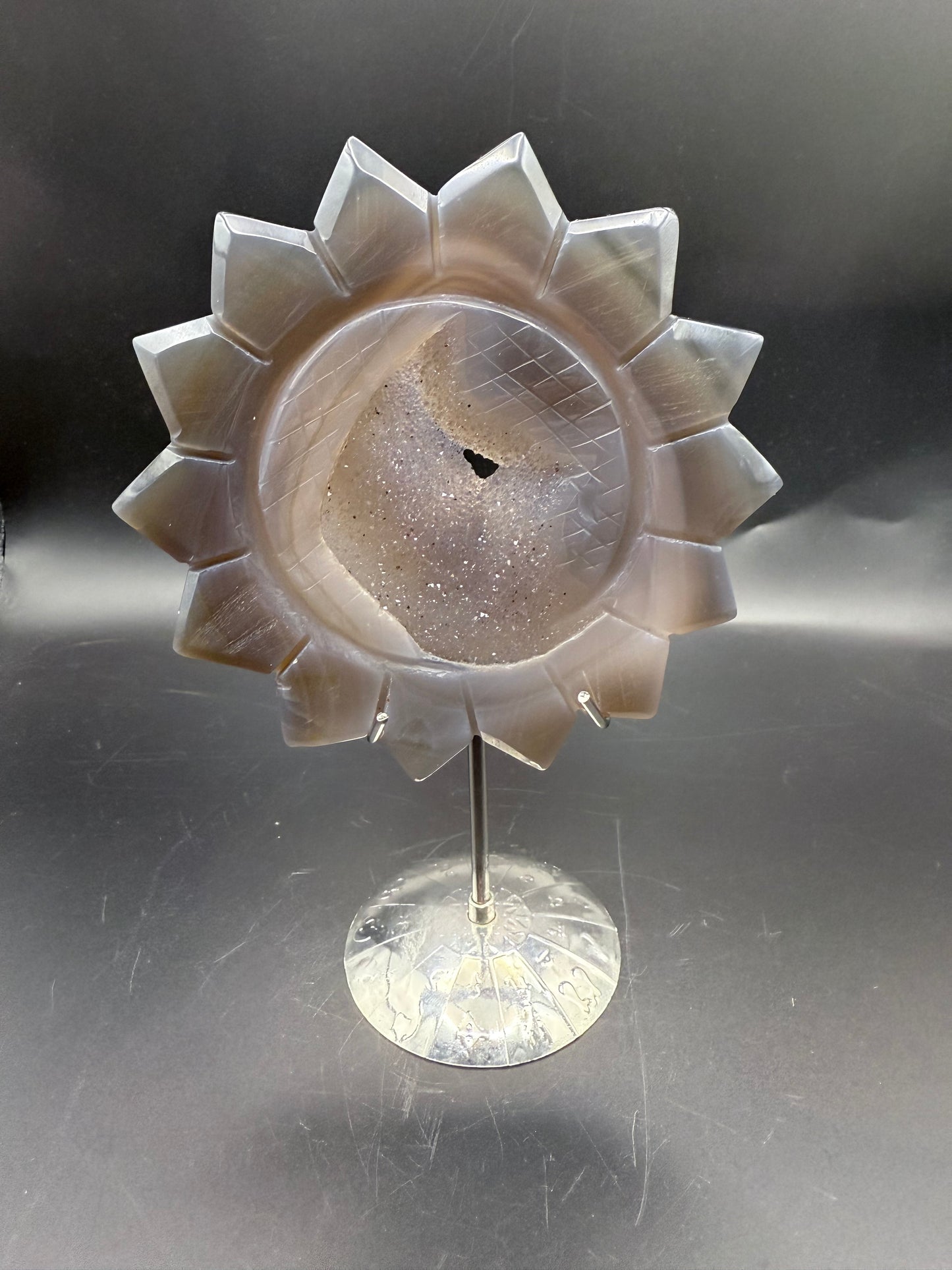 Agate Sunflower Carving with Druzy + Zodiac Stand
