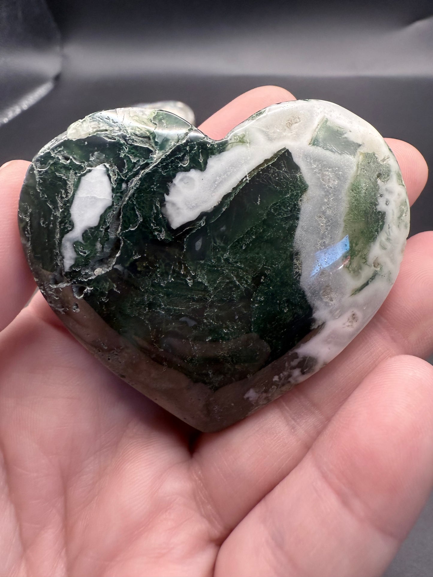Moss Agate 6cm Free Standing Heart