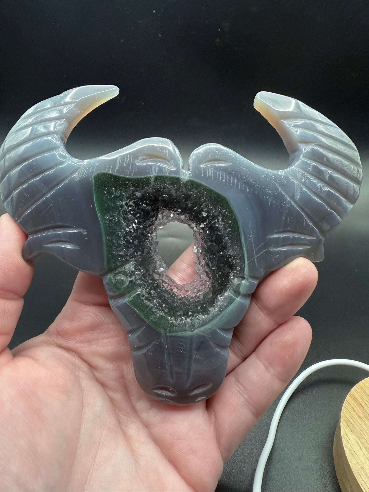 Agate with Green Druzy Bull Skull With Light Stand