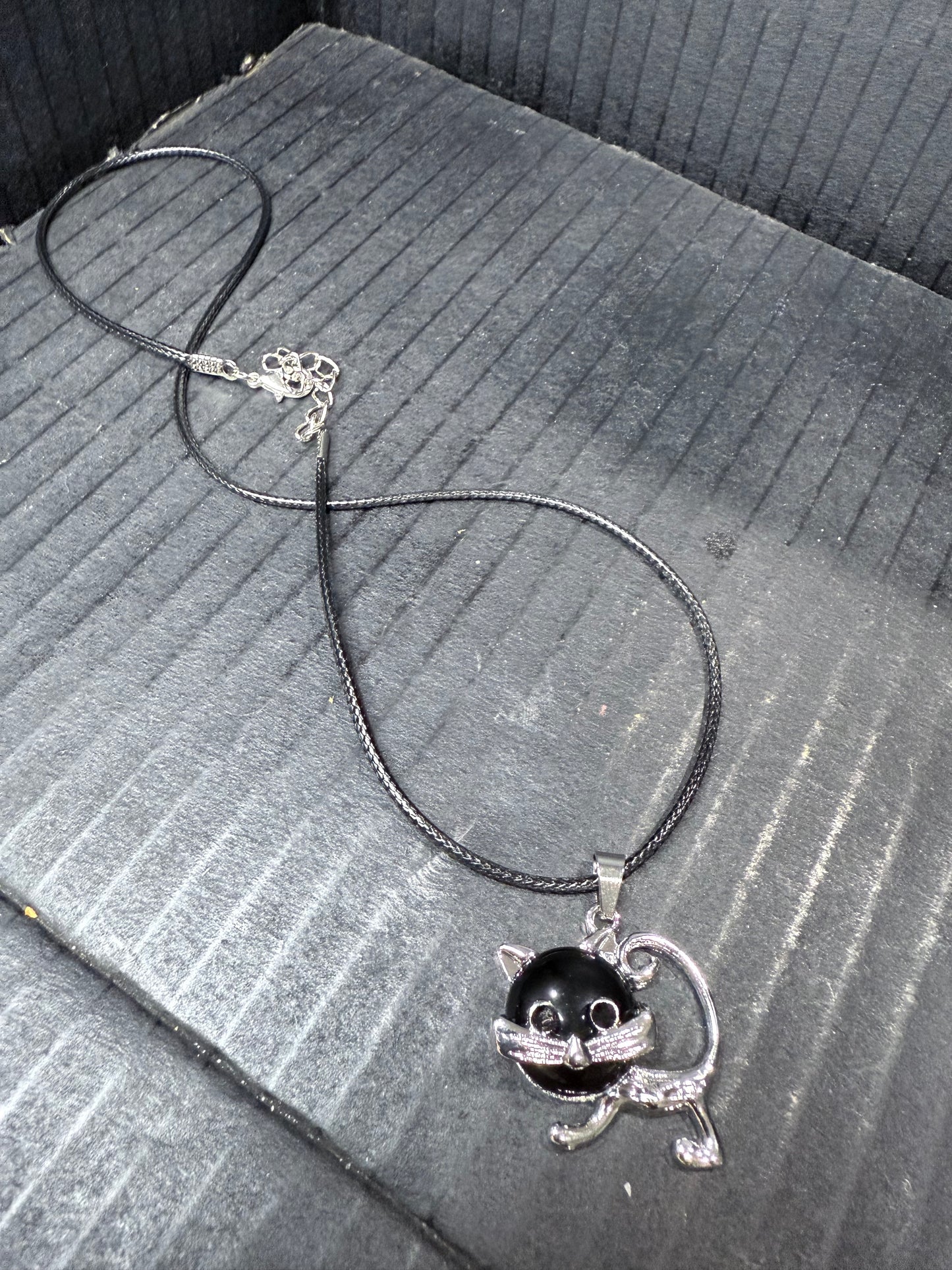 Cat pendant on Black Rope Necklace Chain