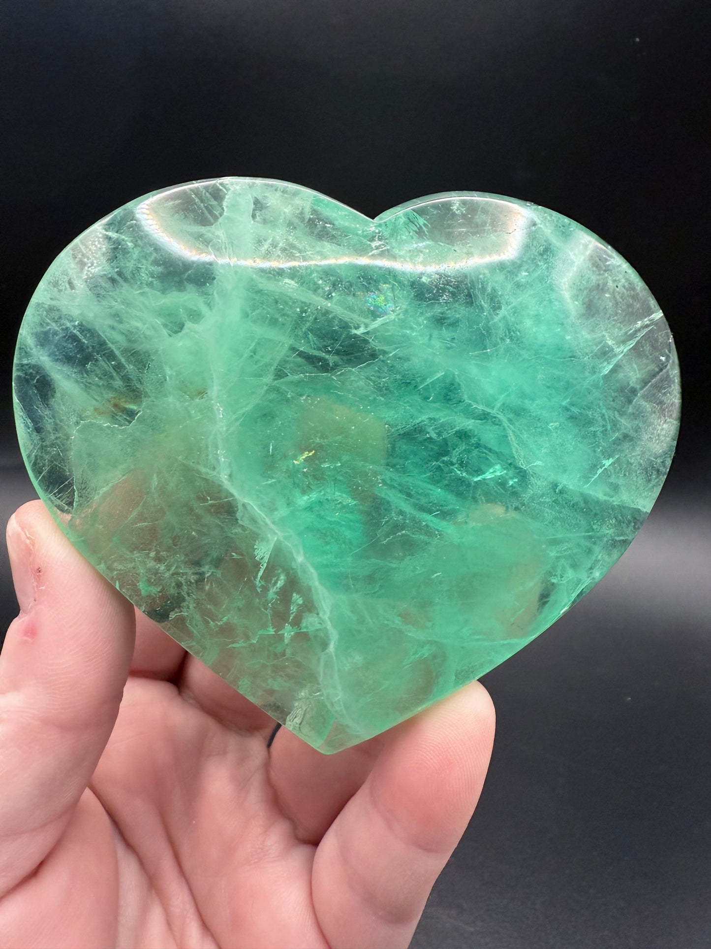 π Green Fluorite Polished Heart with Stand β 357g 10.2 x 8.8 cm