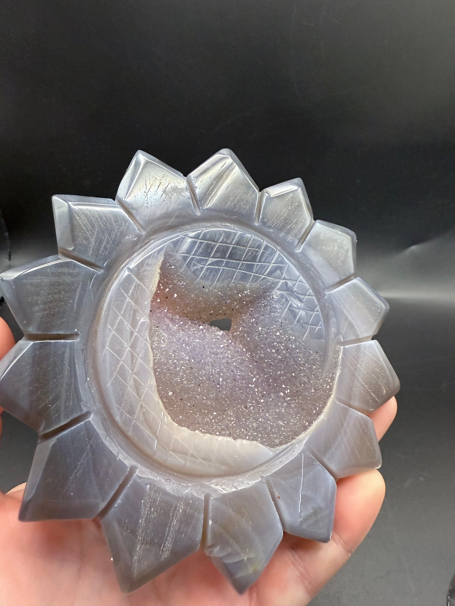 Agate Sunflower Carving with Druzy + Zodiac Stand
