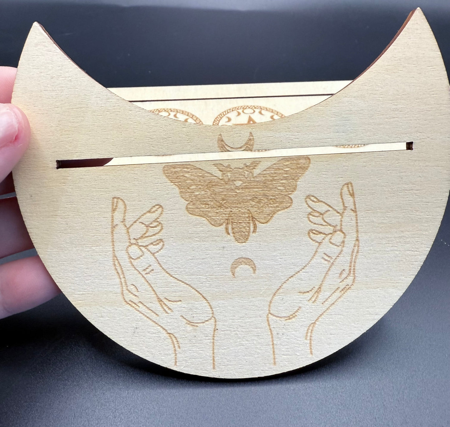 Engraved Wooden Tarot Card & Crystal Grid Stands