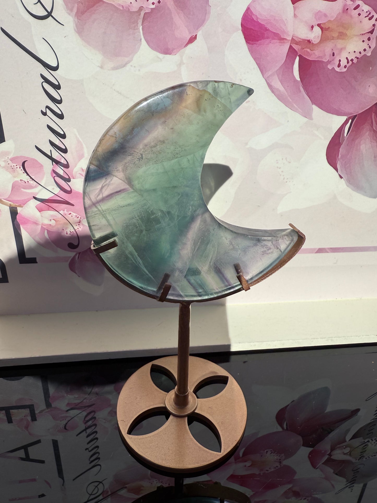 Fluorite Moon on Gold Stand